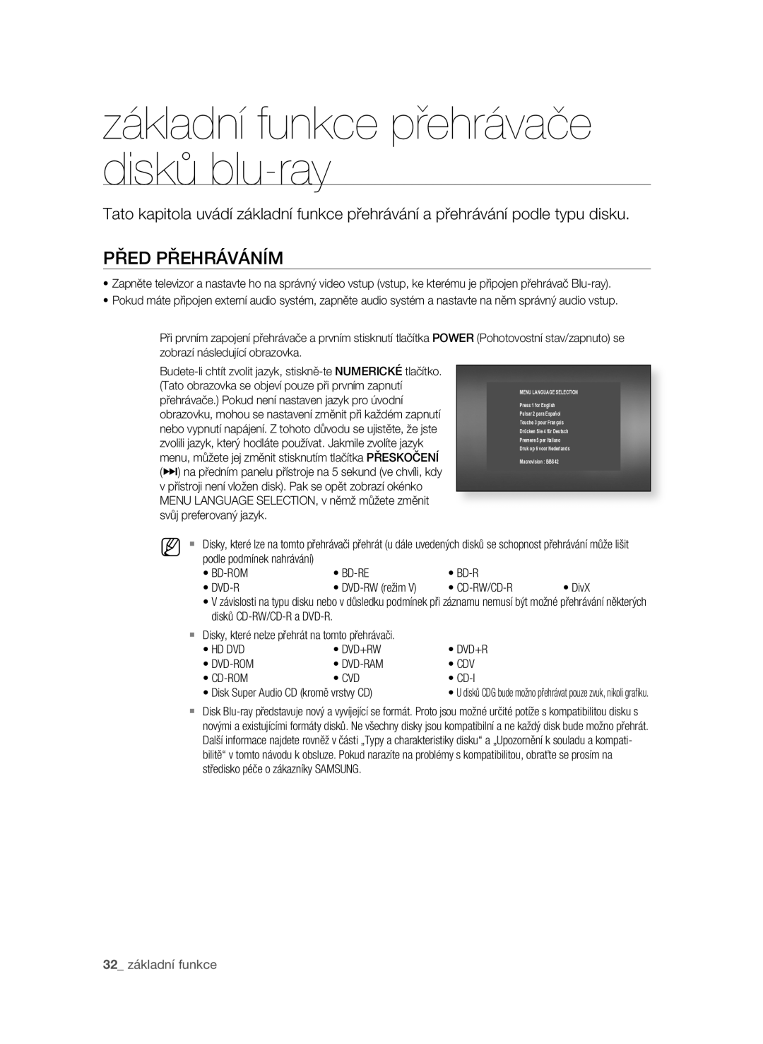 Samsung BD-P1600/EDC manual PřED PřEHRáVáníM,  základní funkce 