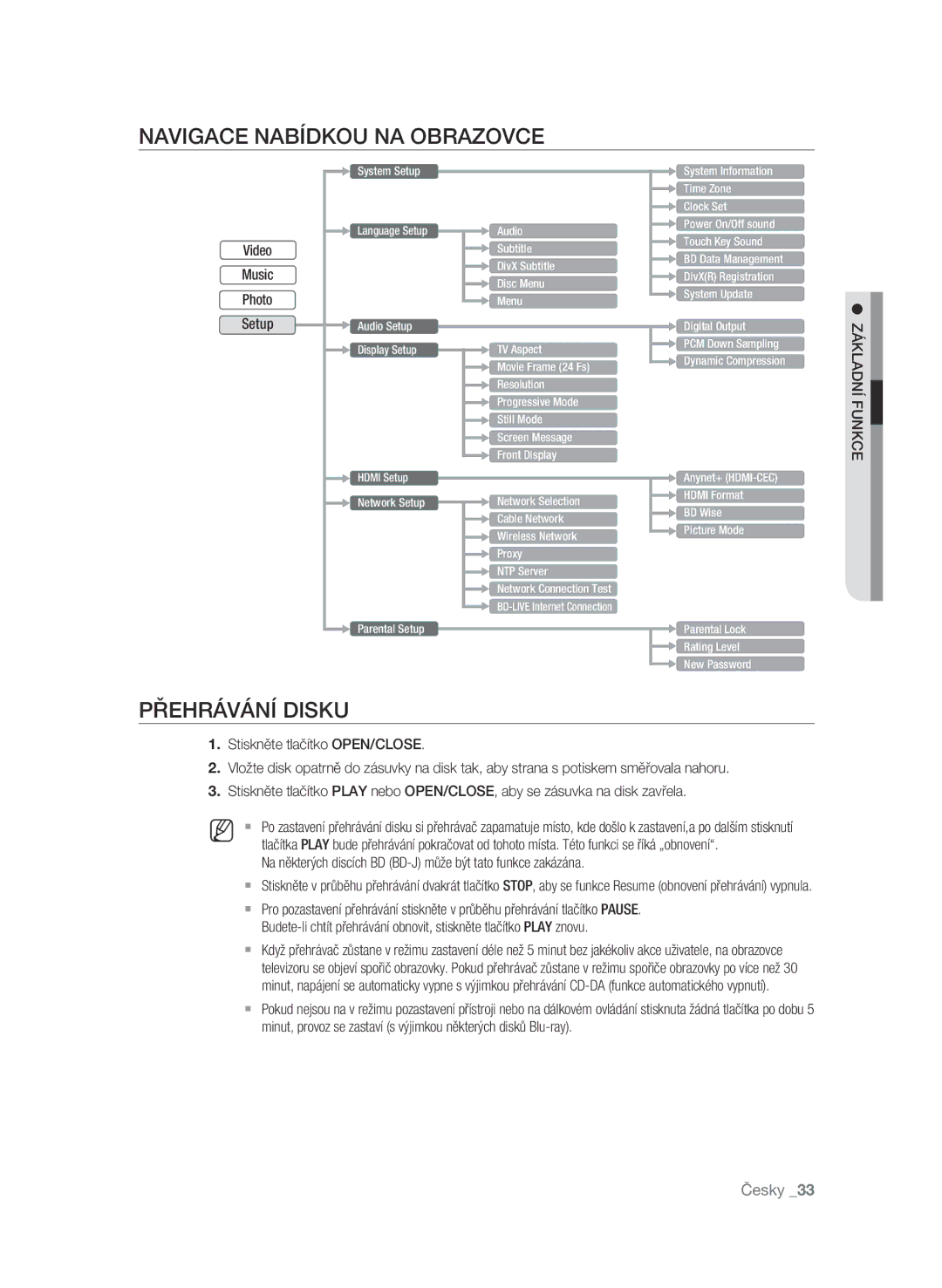 Samsung BD-P1600/EDC manual Navigace nabídkou na obrazovce, Přehrávání disku, Nkceu nídfa kláz 