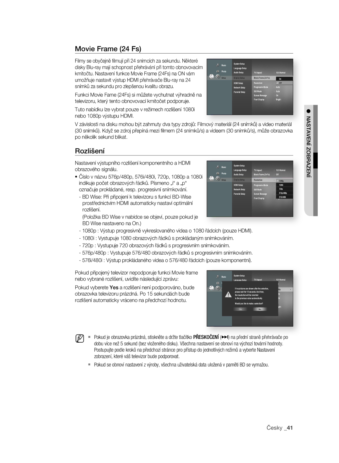 Samsung BD-P1600/EDC manual Movie frame 24 fs, Česky 1 