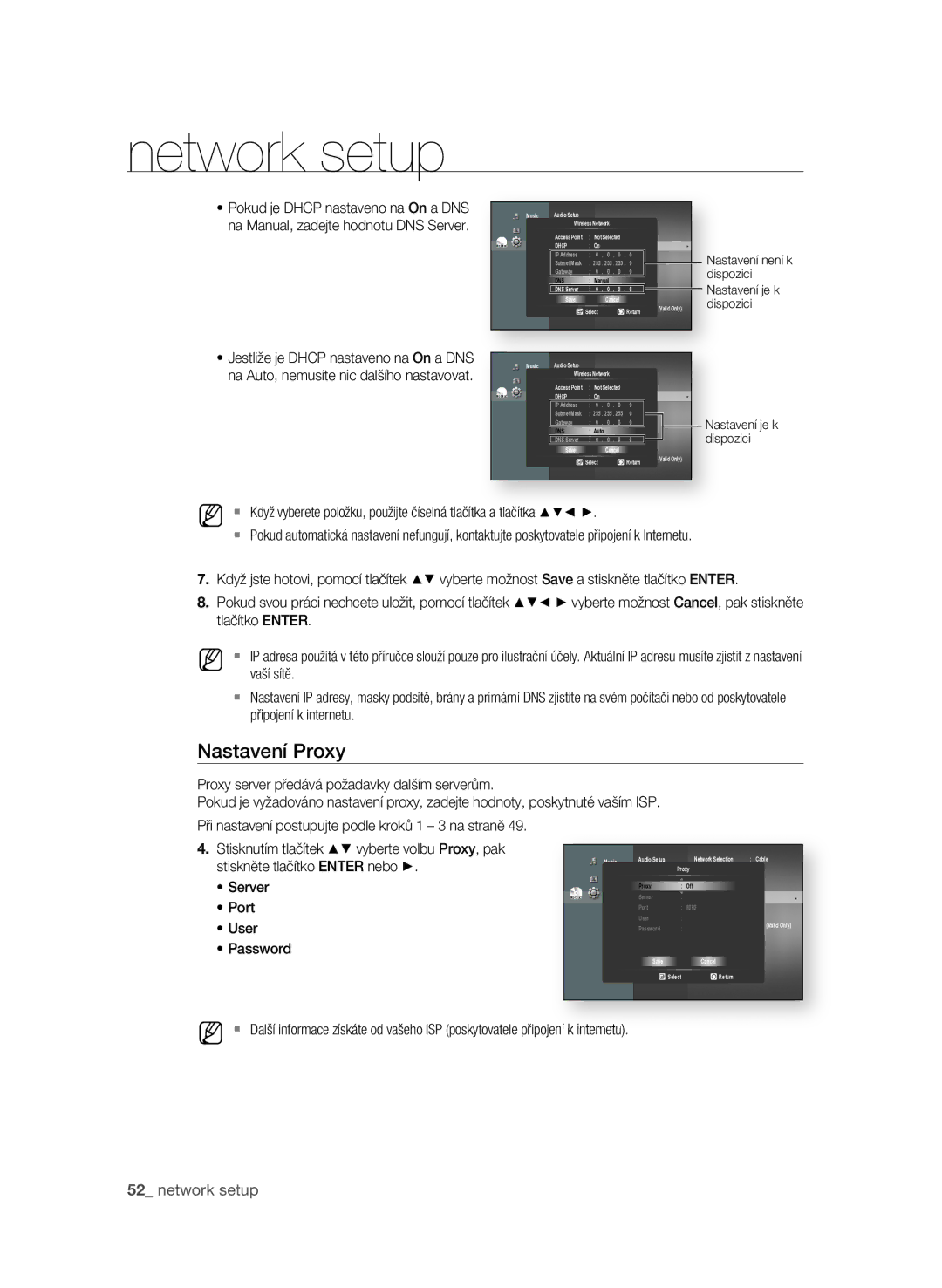 Samsung BD-P1600/EDC manual Nastavení Proxy,  network setup, Server Port User Password, Internetu 