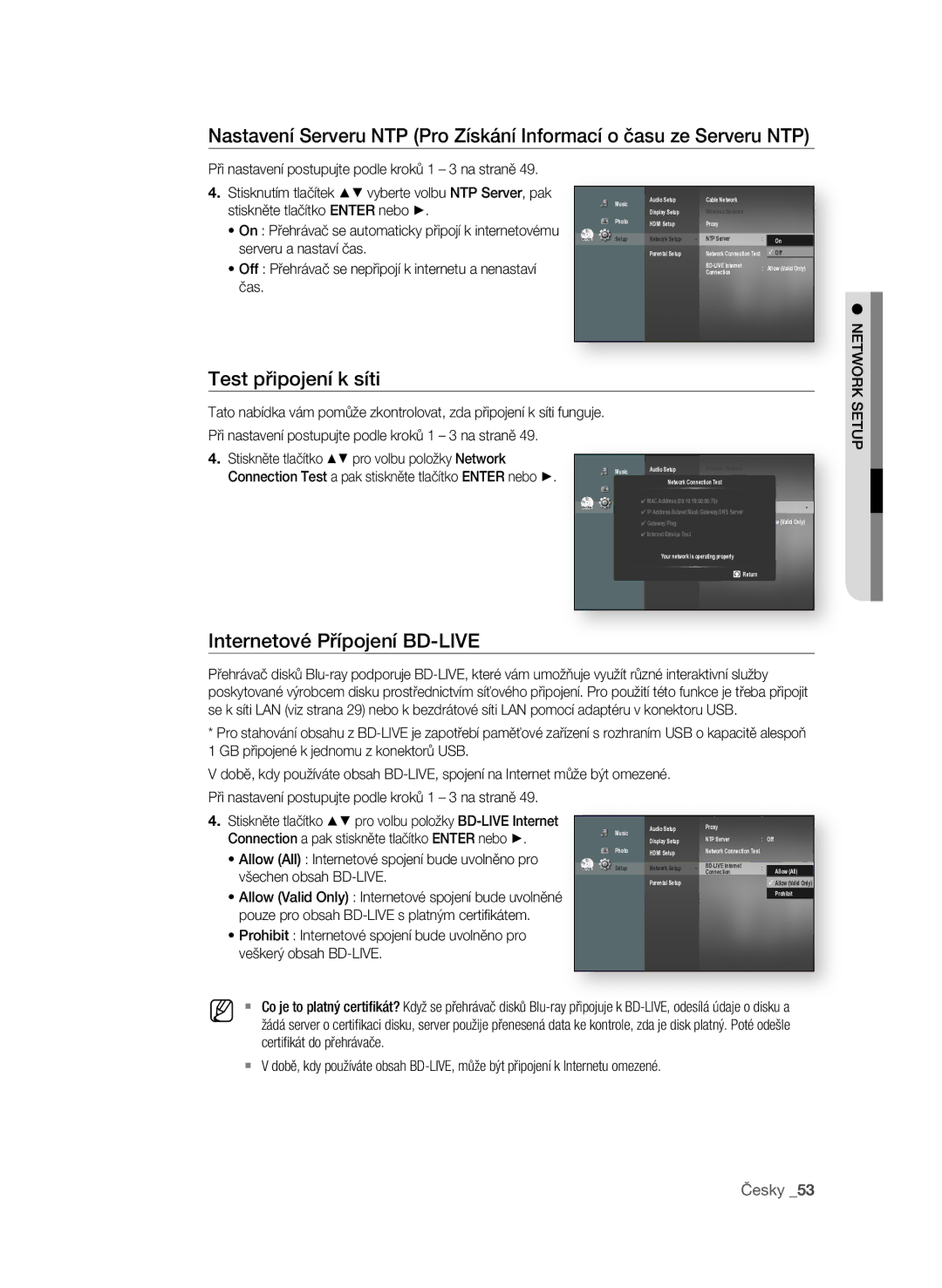 Samsung BD-P1600/EDC Test připojení k síti, Internetové Přípojení BD-LIVE, Serveru a nastaví čas, Všechen obsah BD-LIVE 