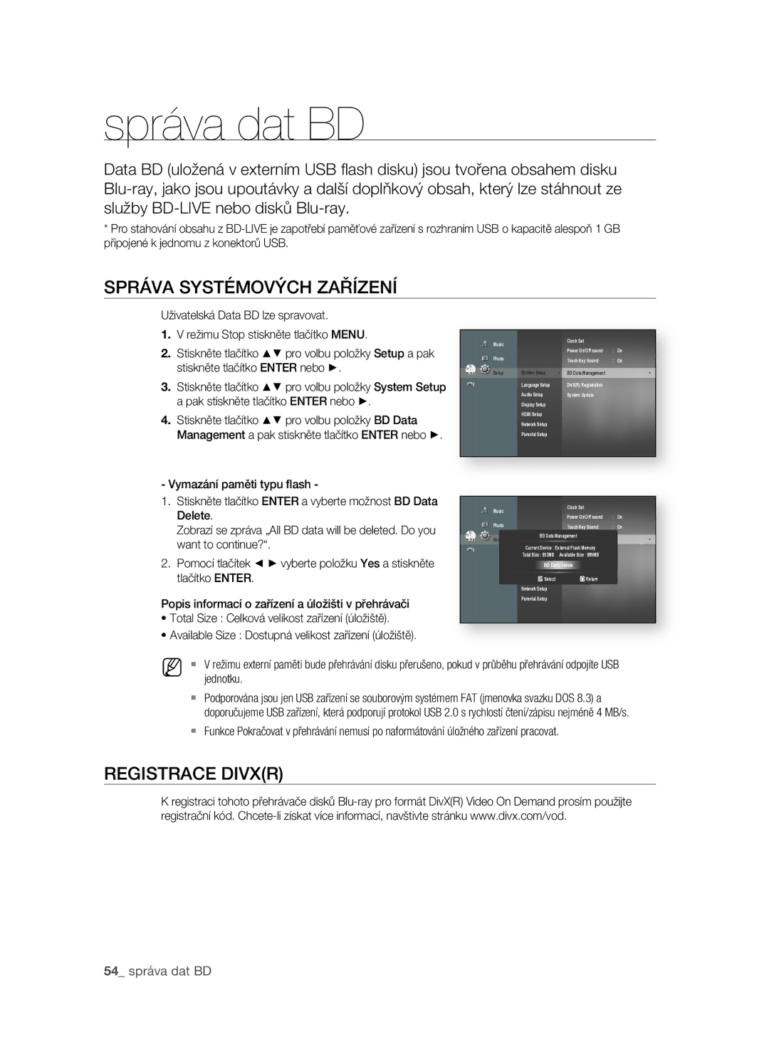 Samsung BD-P1600/EDC manual Správa dat BD, SPRáVa sysTéMOVÝCH ZaříZEní, REgIsTRaCE Divxr,  správa dat BD 