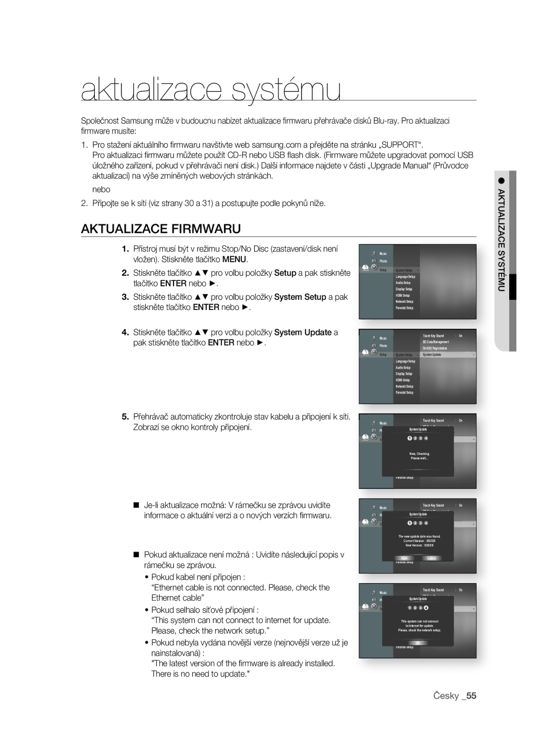 Samsung BD-P1600/EDC manual Aktualizace systému, AKTUaLIZaCE fIRMWaRU, SysTéMU 