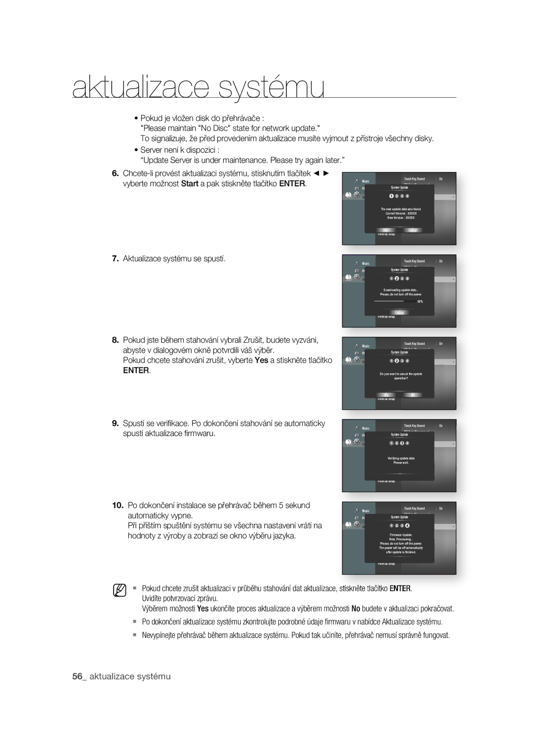 Samsung BD-P1600/EDC manual  aktualizace systému, . Aktualizace systému se spustí, EnTER 