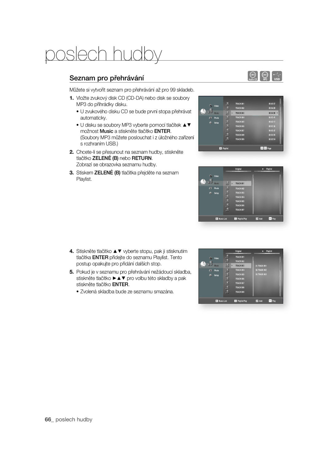 Samsung BD-P1600/EDC manual Seznam pro přehrávání,  poslech hudby 