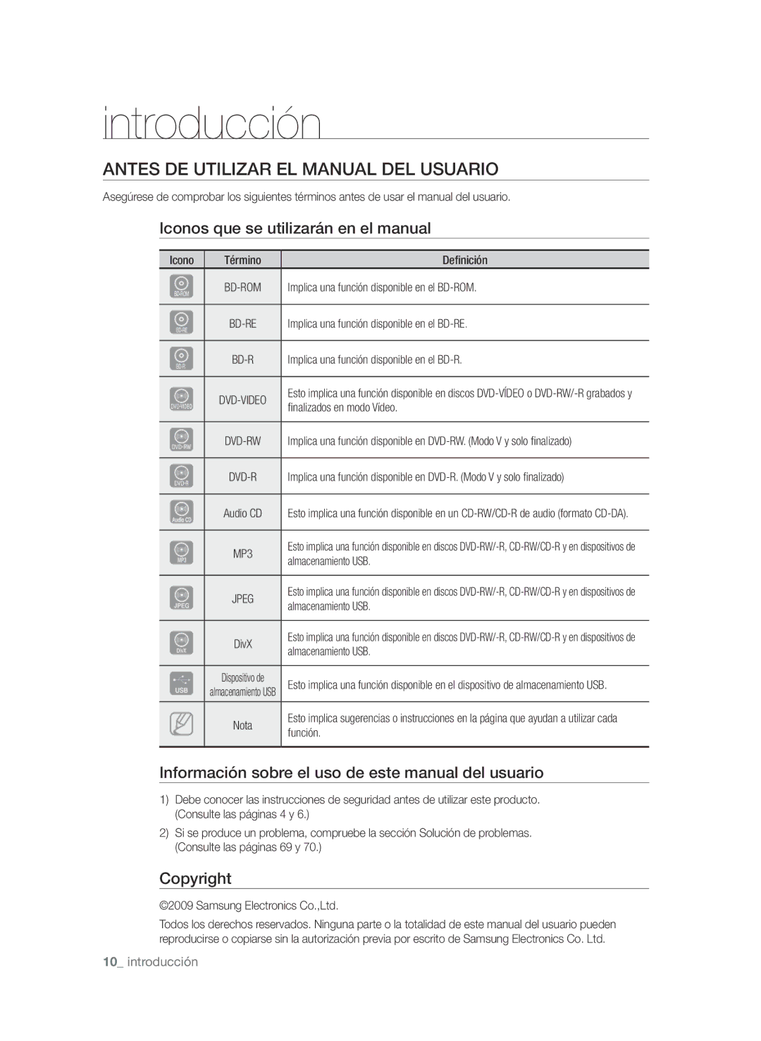 Samsung BD-P1600/XEC Introducción, Antes de utilizar el Manual del usuario, Iconos que se utilizarán en el manual 