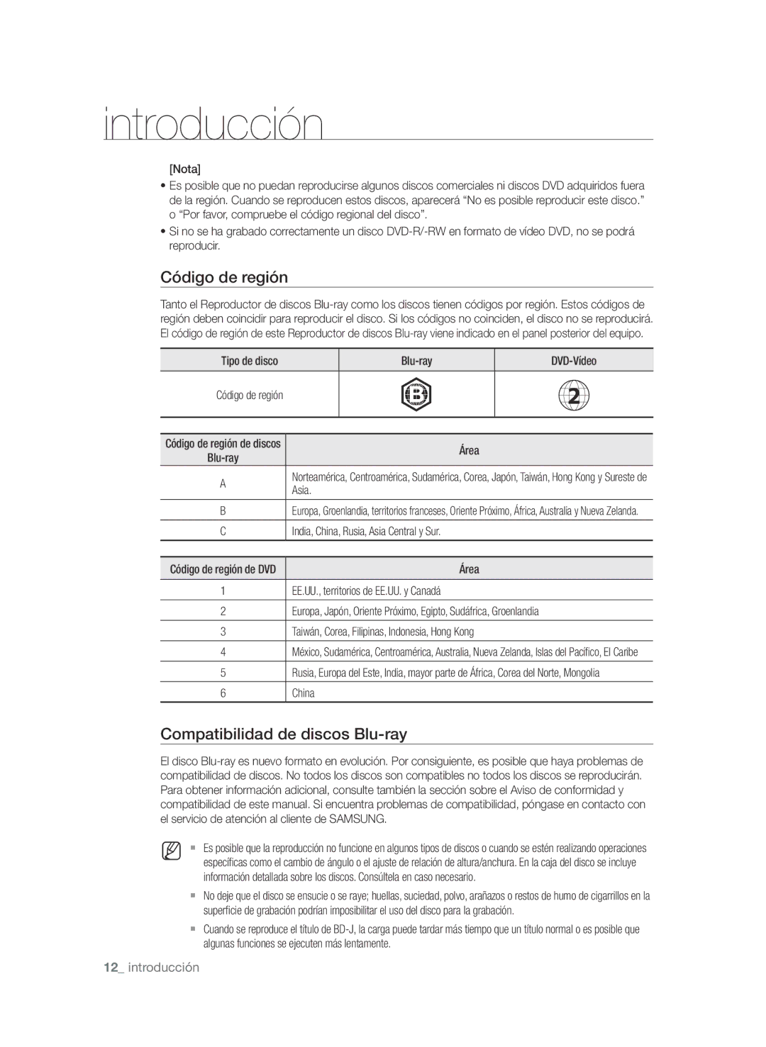 Samsung BD-P1600/XEC manual Código de región, Compatibilidad de discos Blu-ray 