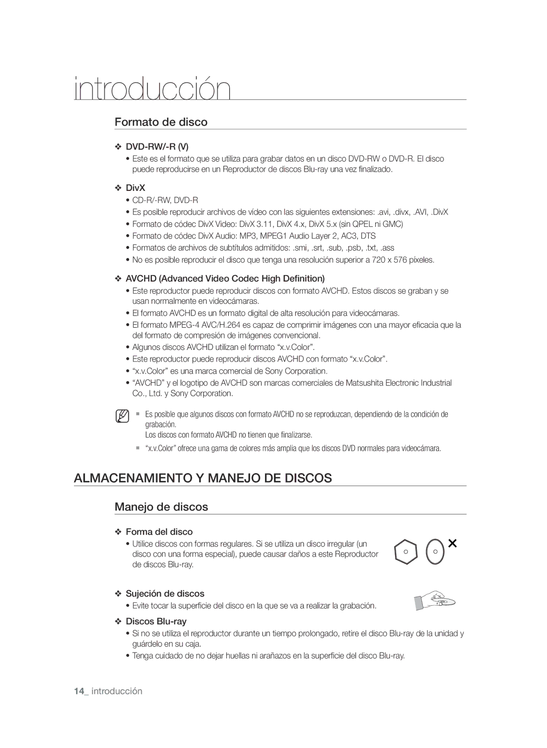 Samsung BD-P1600/XEC manual Almacenamiento y manejo de discos, Formato de disco, Manejo de discos 