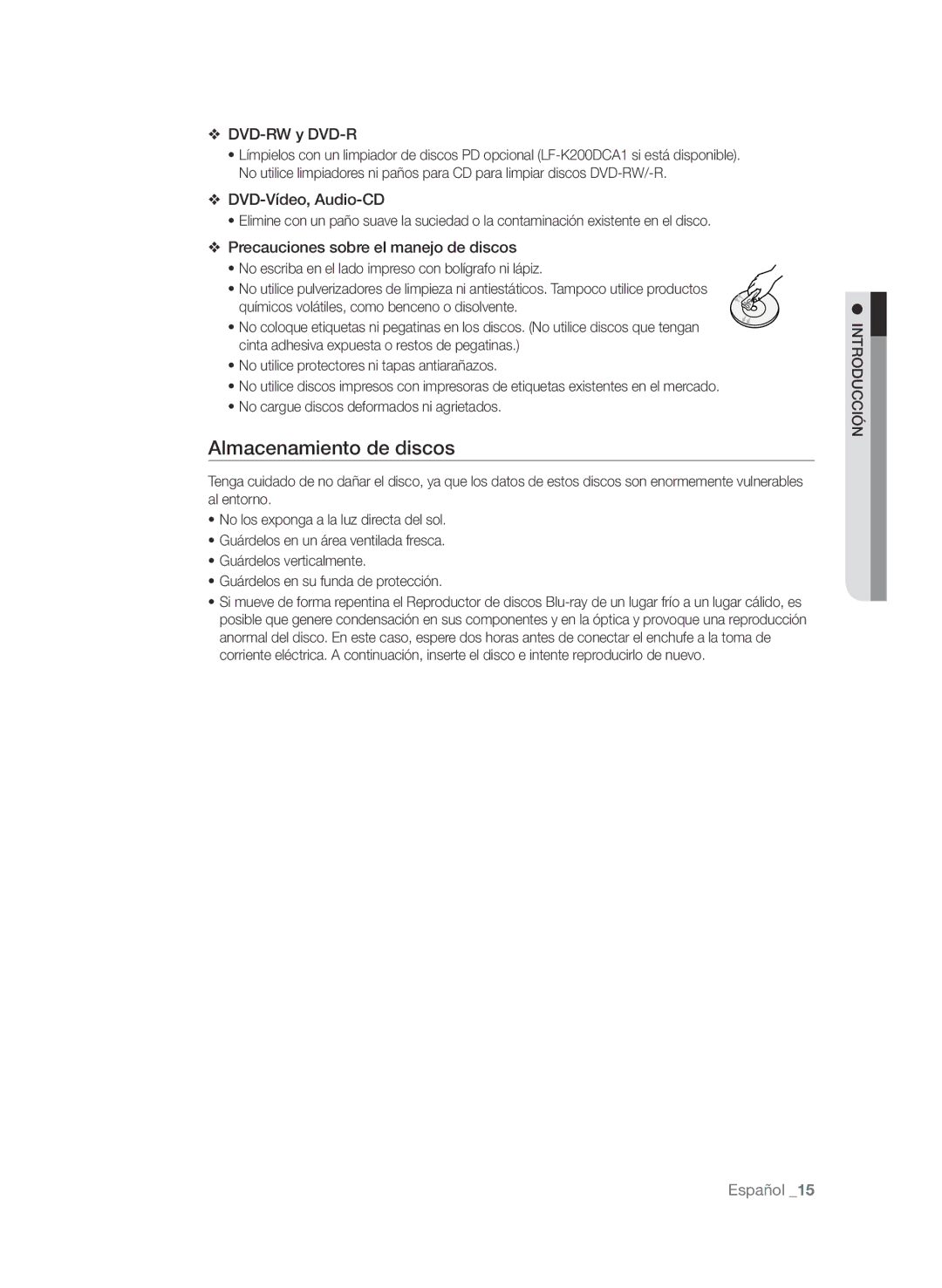 Samsung BD-P1600/XEC Almacenamiento de discos, DVD-RW y DVD-R, DVD-Vídeo, Audio-CD, Precauciones sobre el manejo de discos 