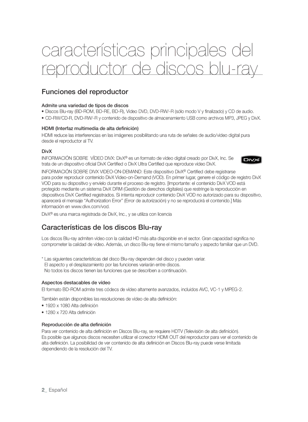 Samsung BD-P1600/XEC manual Funciones del reproductor, Características de los discos Blu-ray 