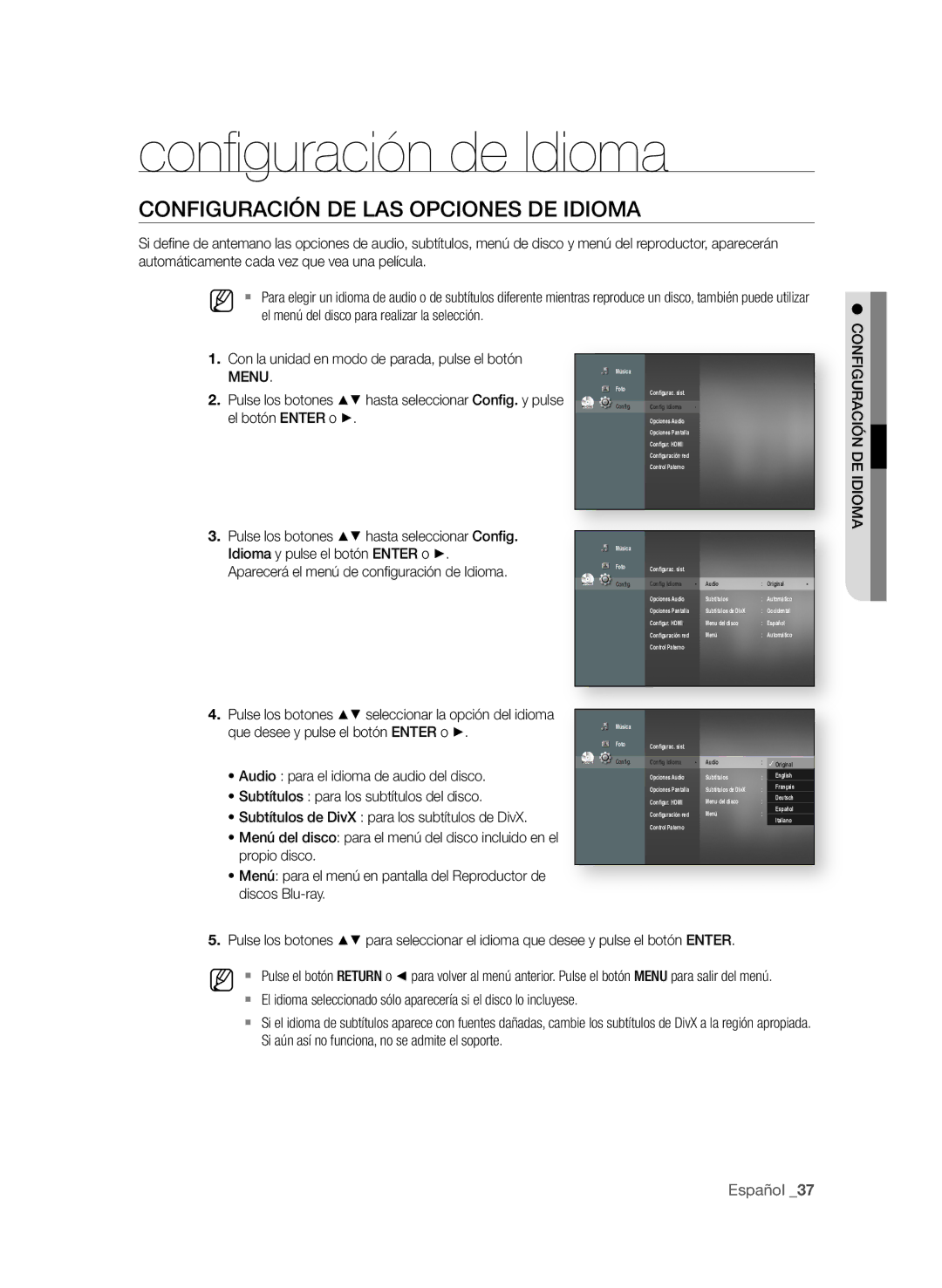 Samsung BD-P1600/XEC Conﬁ guración de Idioma, COnFIGURACIÓn De LAS OPCIOneS De Idioma, Idioma y pulse el botón enteR o + 