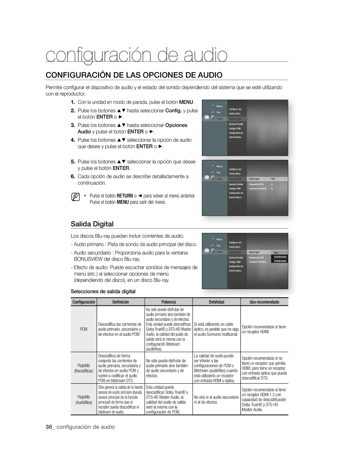 Samsung BD-P1600/XEC manual Conﬁ guración de audio, COnFIGURACIÓn De LAS OPCIOneS De Audio, Salida Digital 