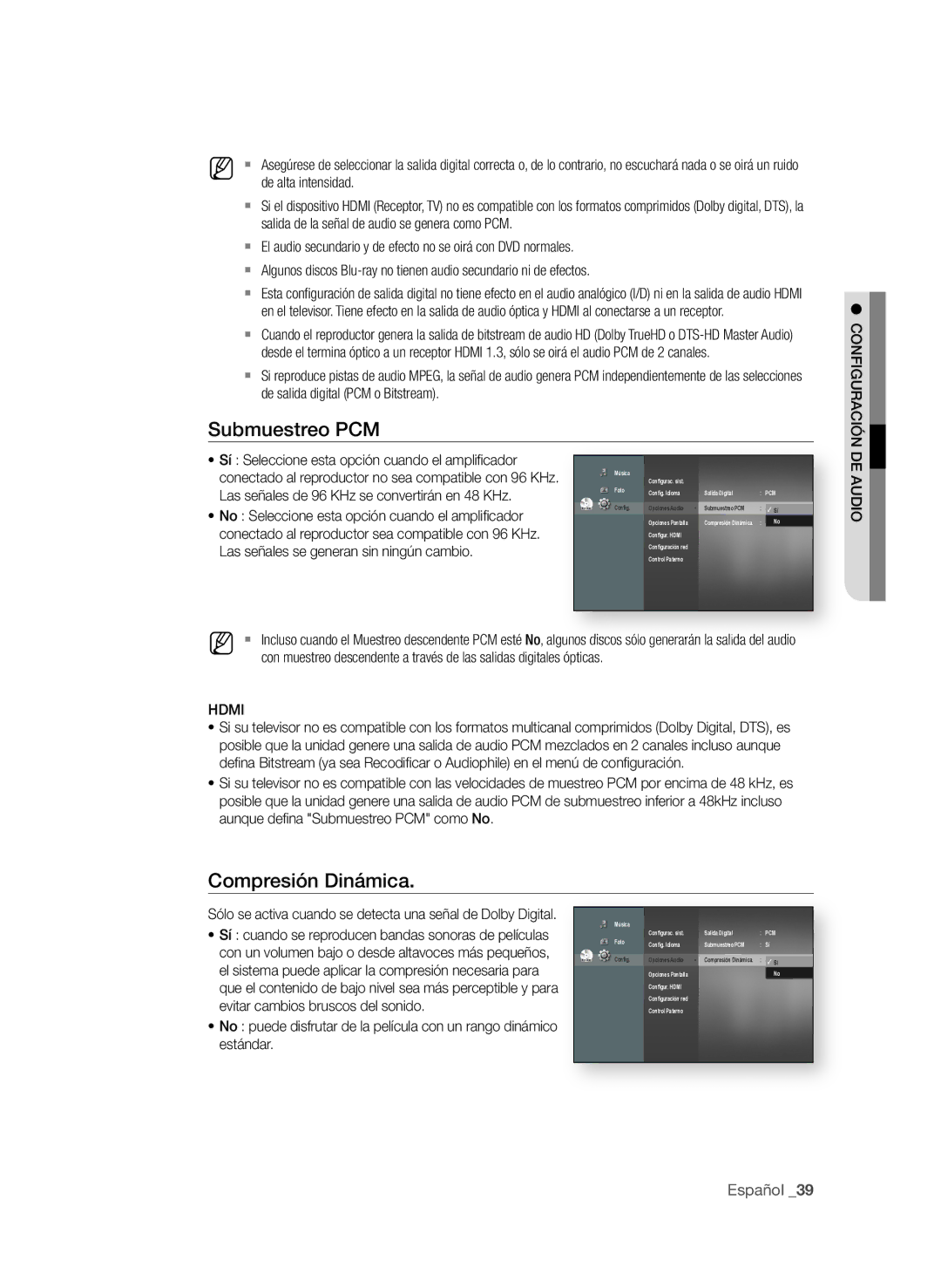 Samsung BD-P1600/XEC manual Submuestreo PCM, Compresión Dinámica, Las señales de 96 KHz se convertirán en 48 KHz 