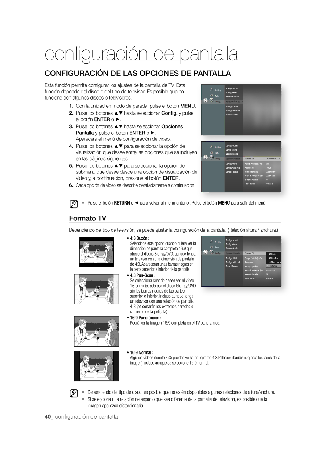 Samsung BD-P1600/XEC manual Conﬁ guración de pantalla, COnFIGURACIÓn De LAS OPCIOneS De PAntALLA, Formato tv 