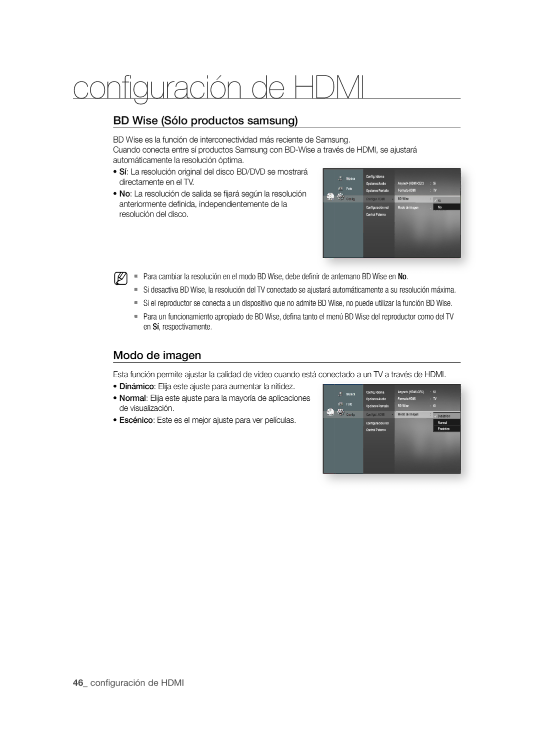 Samsung BD-P1600/XEC BD Wise Sólo productos samsung, Modo de imagen, Dinámico Elija este ajuste para aumentar la nitidez 