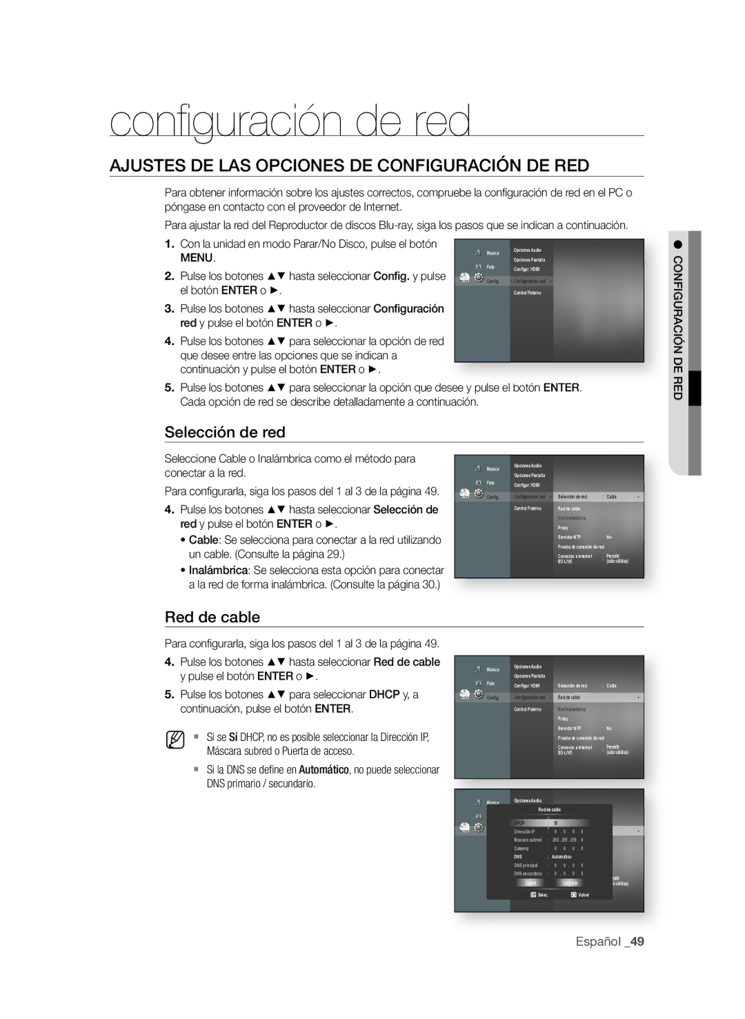 Samsung BD-P1600/XEC Conﬁ guración de red, AjUSteS De LAS OPCIOneS De COnFIGURACIÓn De ReD, Selección de red, Red de cable 