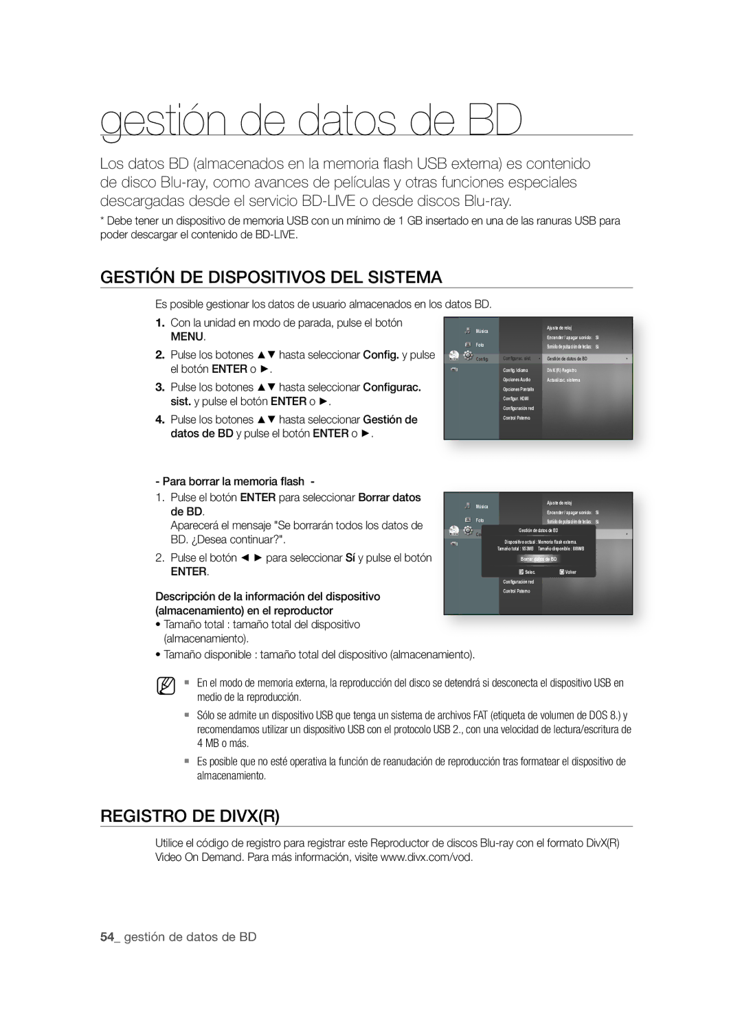 Samsung BD-P1600/XEC manual Gestión de datos de BD, GeStIÓn De DISPOSItIvOS DeL SISteMA, ReGIStRO De DIvXR 