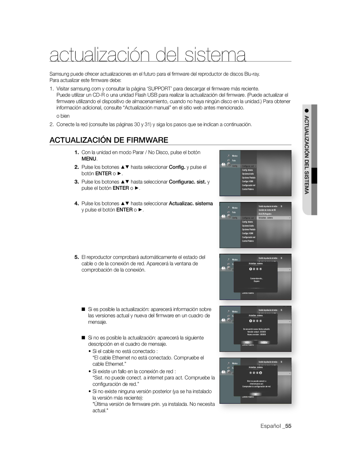 Samsung BD-P1600/XEC manual Actualización del sistema, ACtUALIzACIÓn De FIRMWARe 