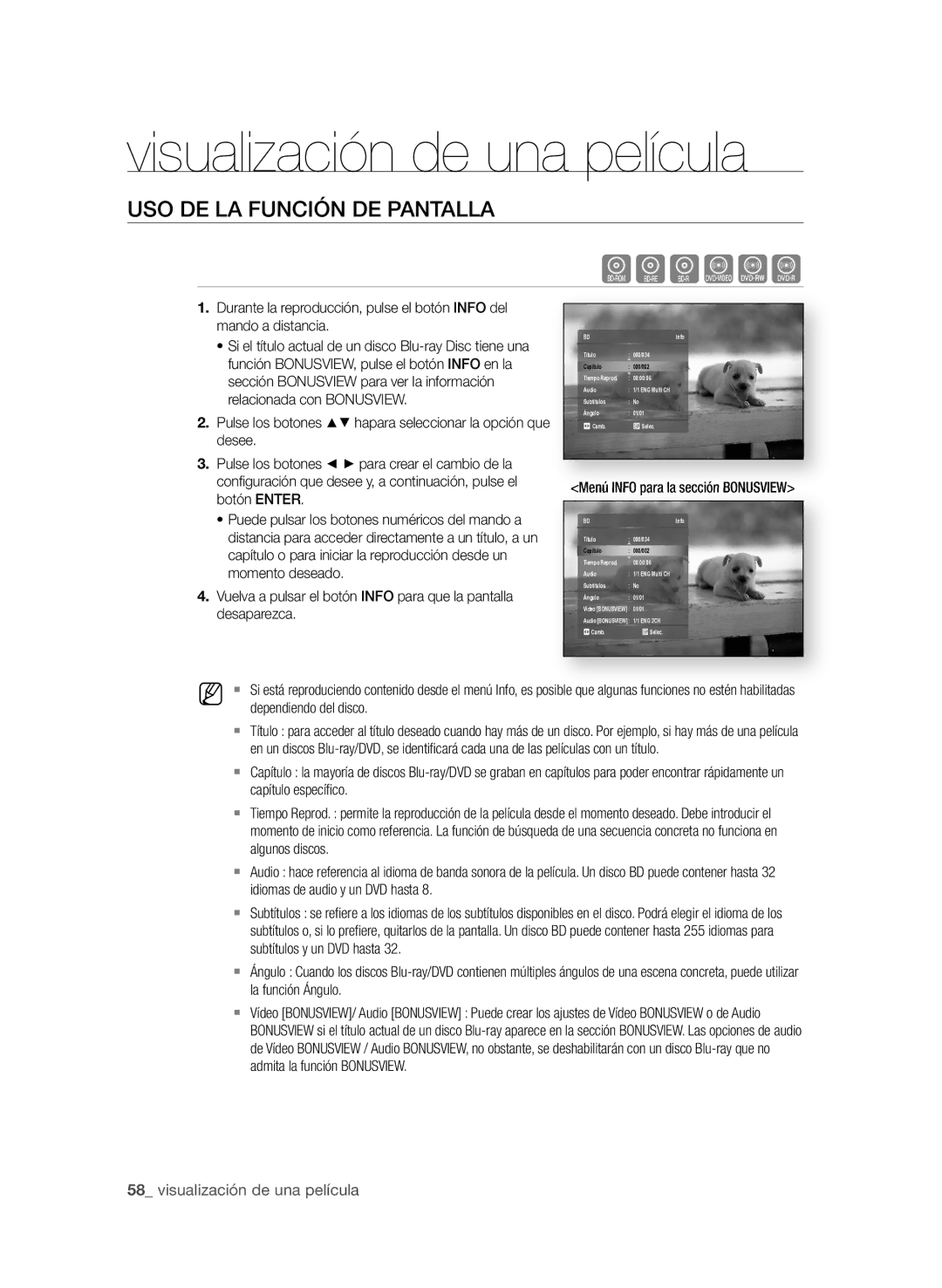 Samsung BD-P1600/XEC manual Visualización de una película, USO De LA FUnCIÓn De PAntALLA 