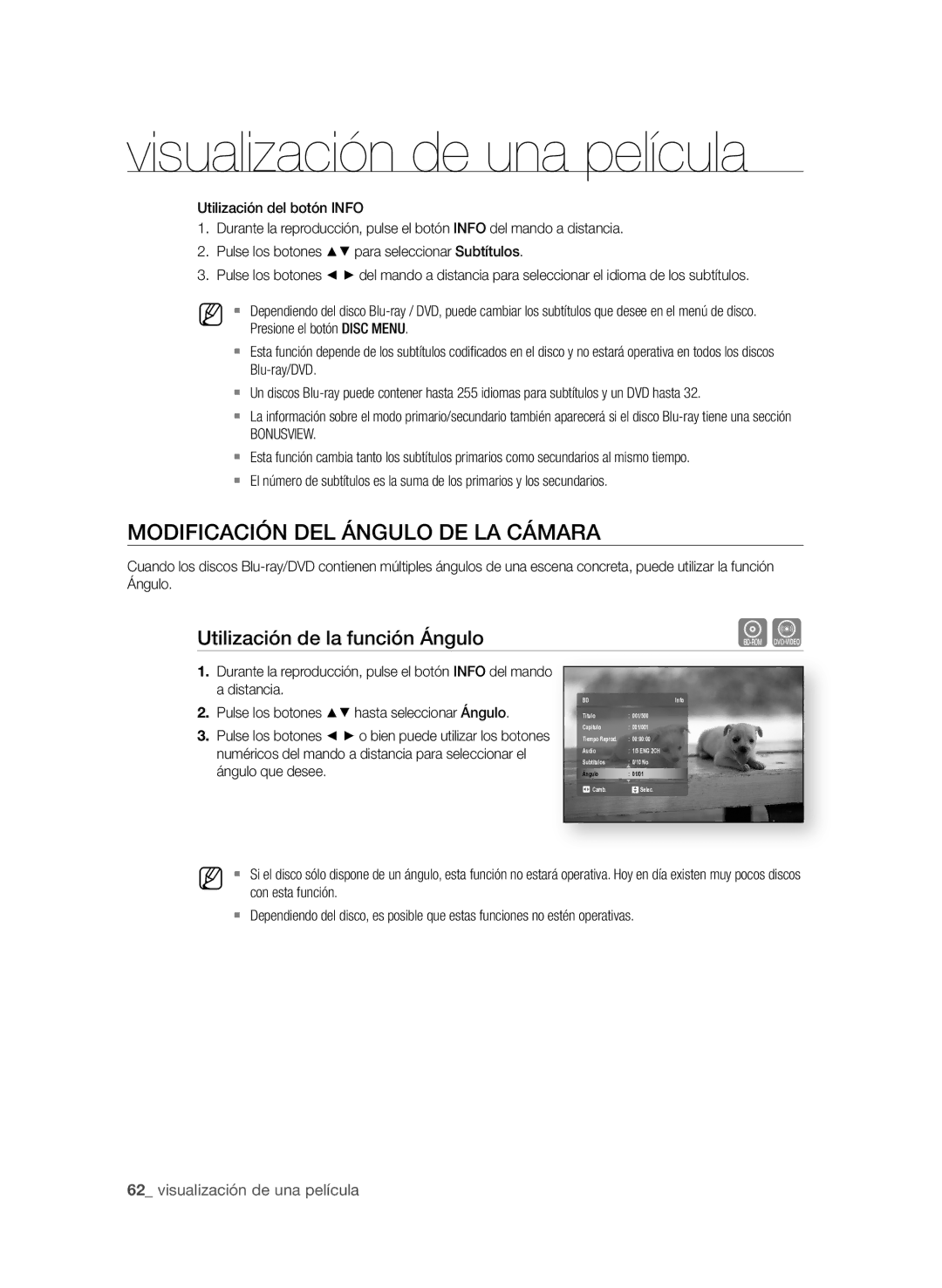 Samsung BD-P1600/XEC MODIFICACIÓn DeL ánGULO De LA CáMARA, Utilización de la función ángulo, Presione el botón Disc mENU 