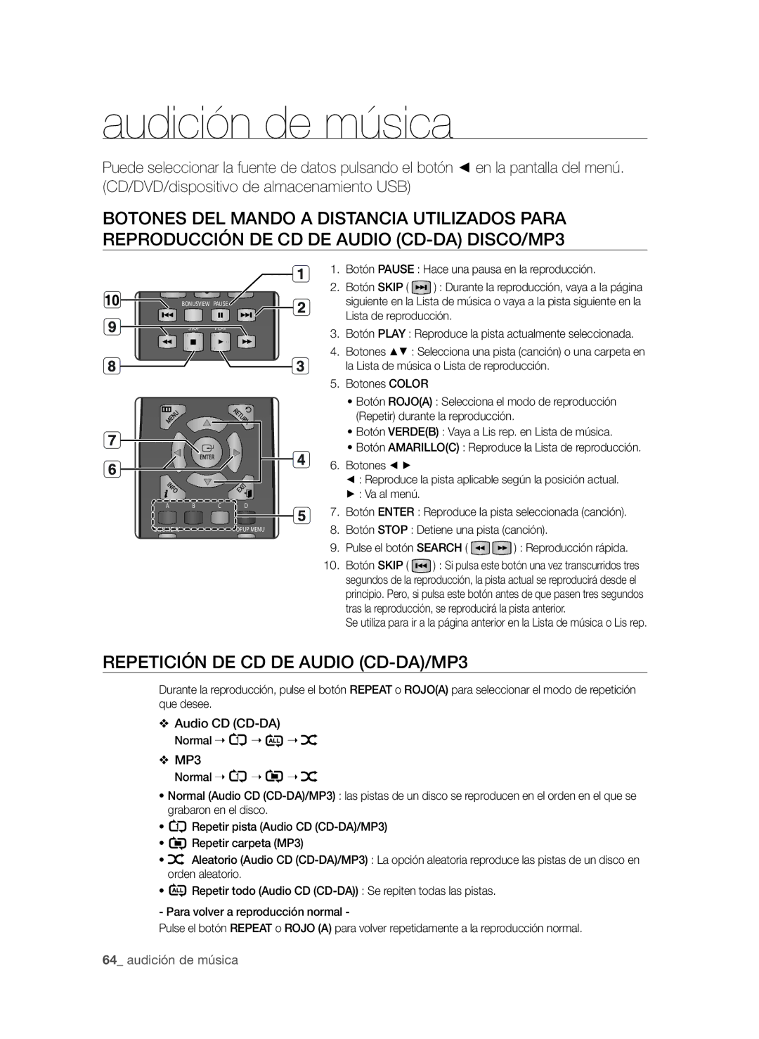 Samsung BD-P1600/XEC manual Audición de música, Repetición de cd de audio CD-DA/MP3 