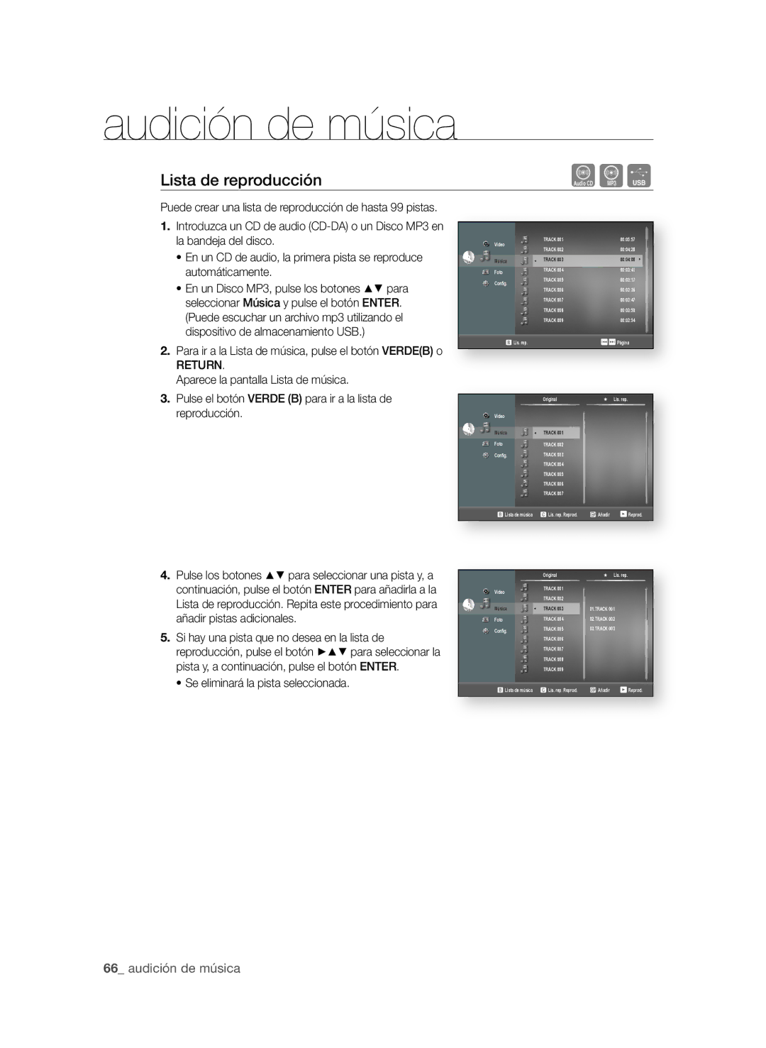 Samsung BD-P1600/XEC manual Lista de reproducción, Se eliminará la pista seleccionada 