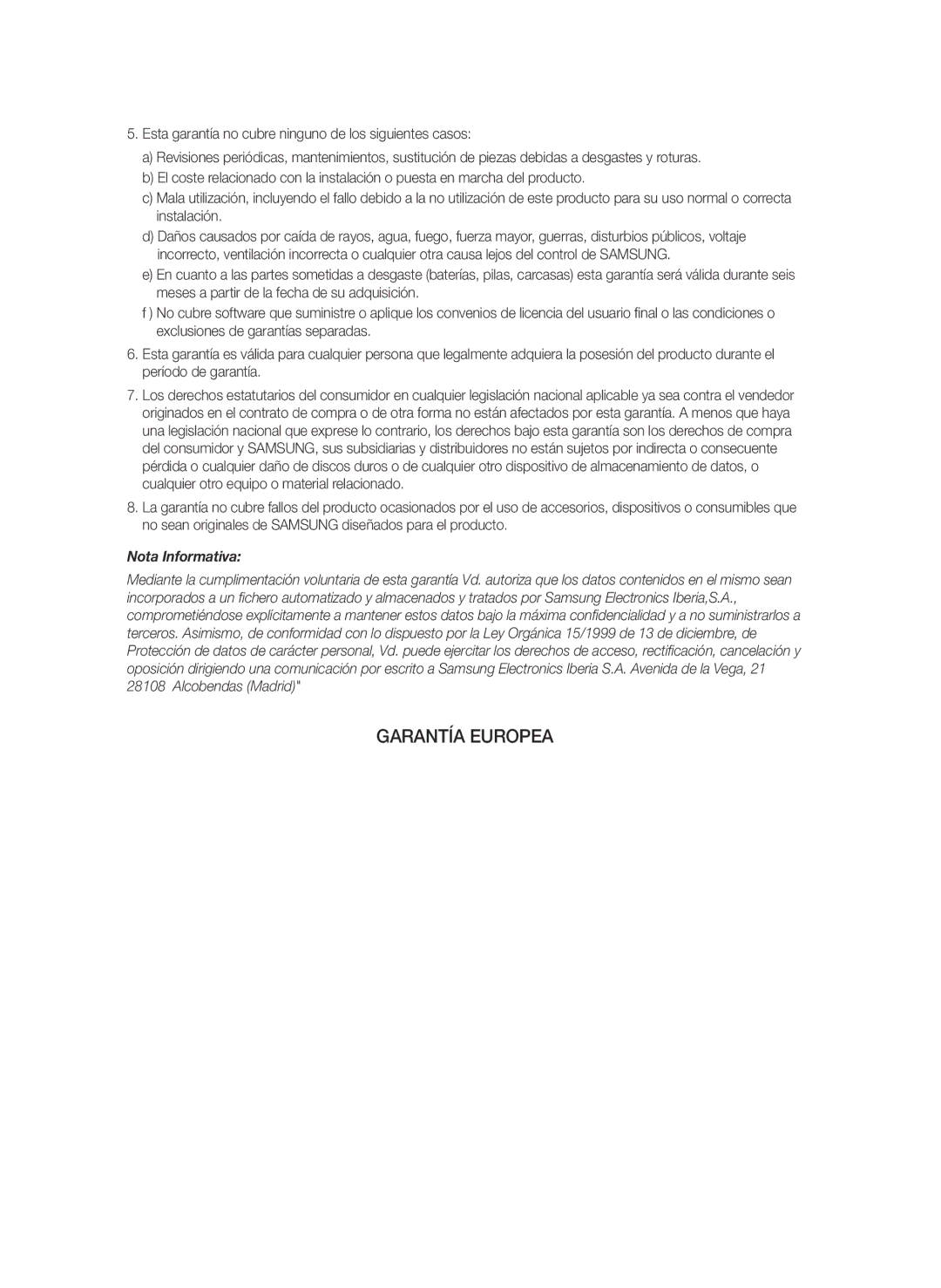 Samsung BD-P1600/XEC manual Garantía Europea 