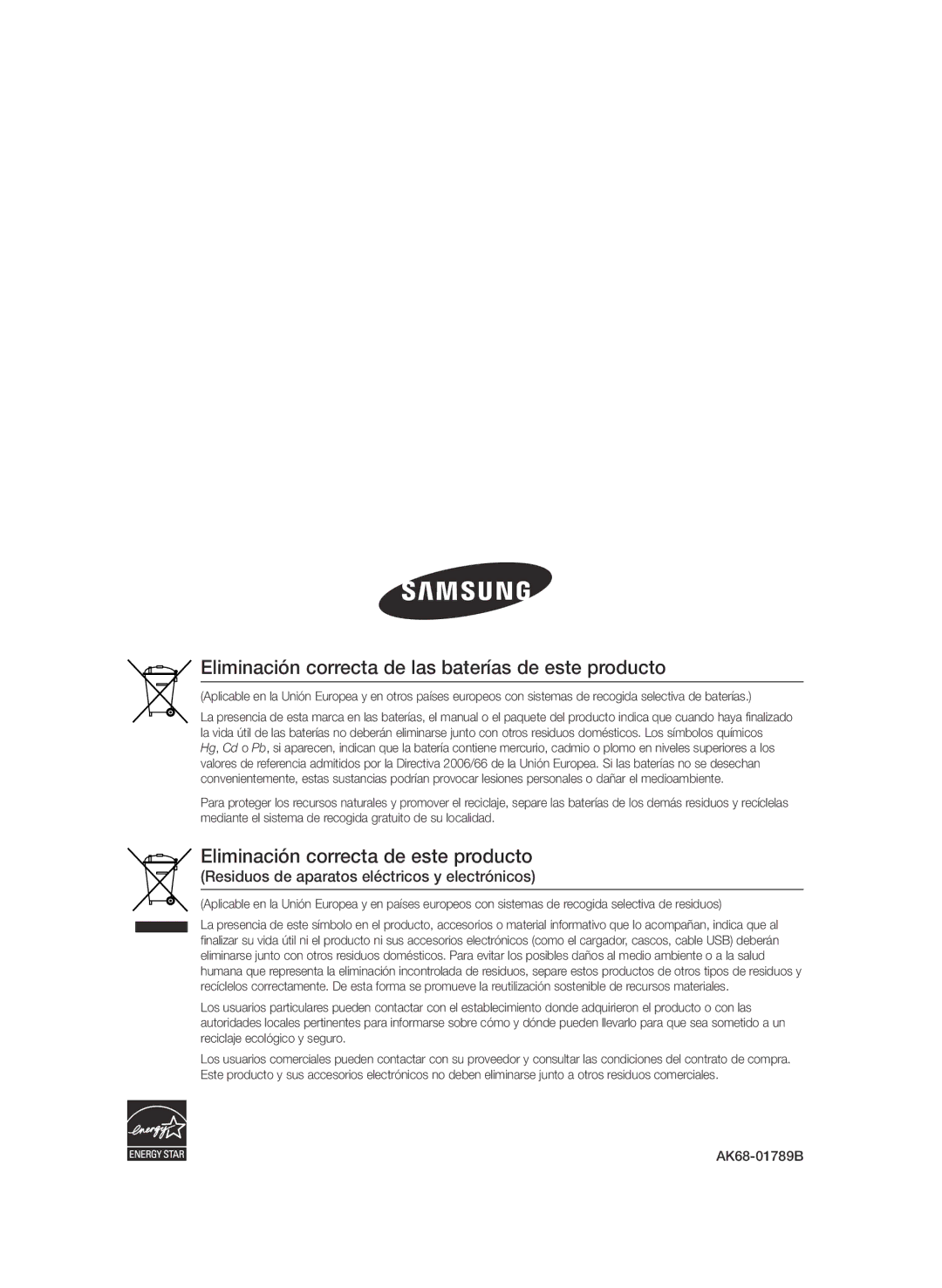 Samsung BD-P1600/XEC manual Eliminación correcta de las baterías de este producto, Eliminación correcta de este producto 