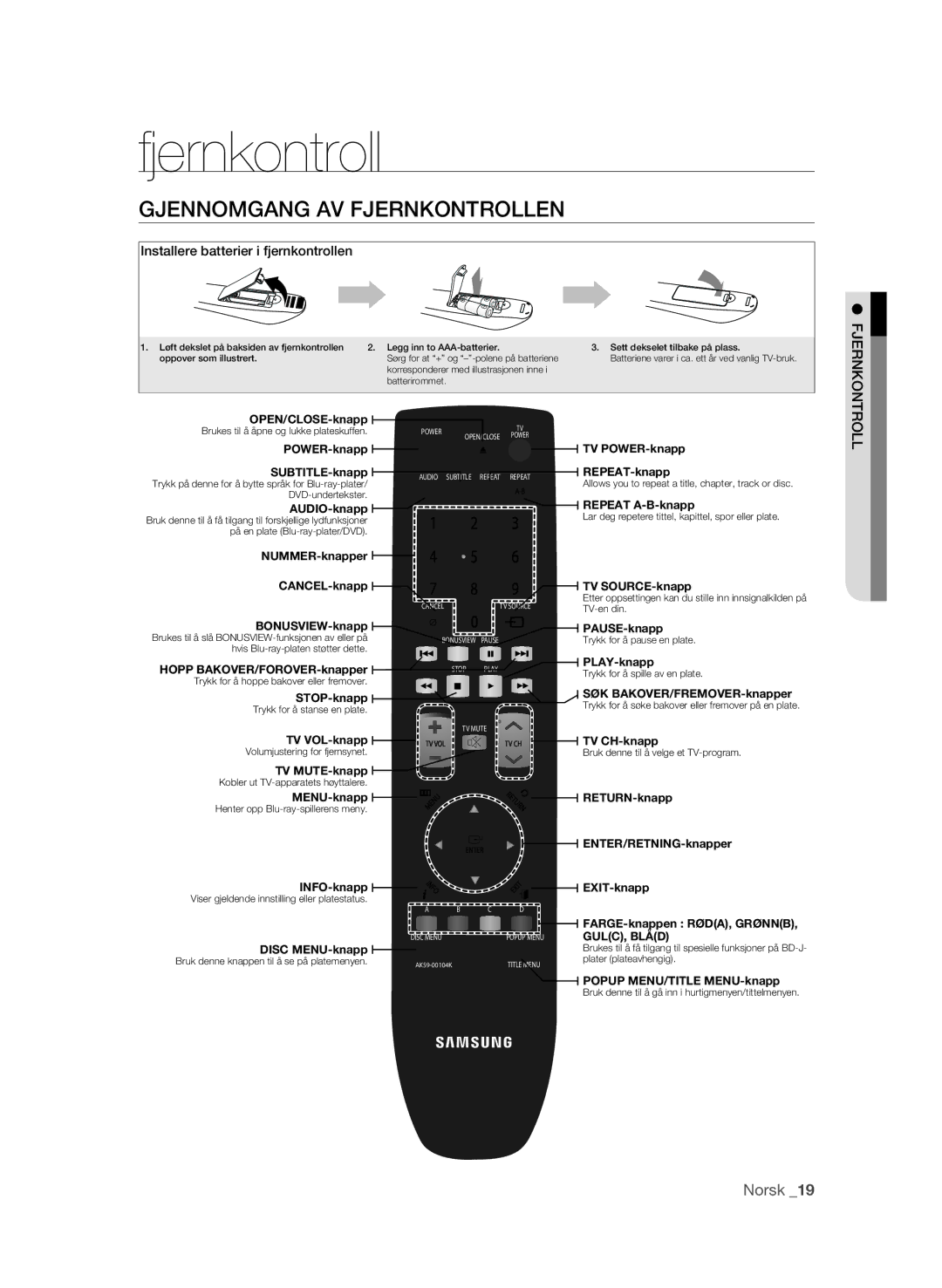 Samsung BD-P1600/XEE manual Gjennomgang AV Fjernkontrollen, Jfernkontroll, Installere batterier i fjernkontrollen 