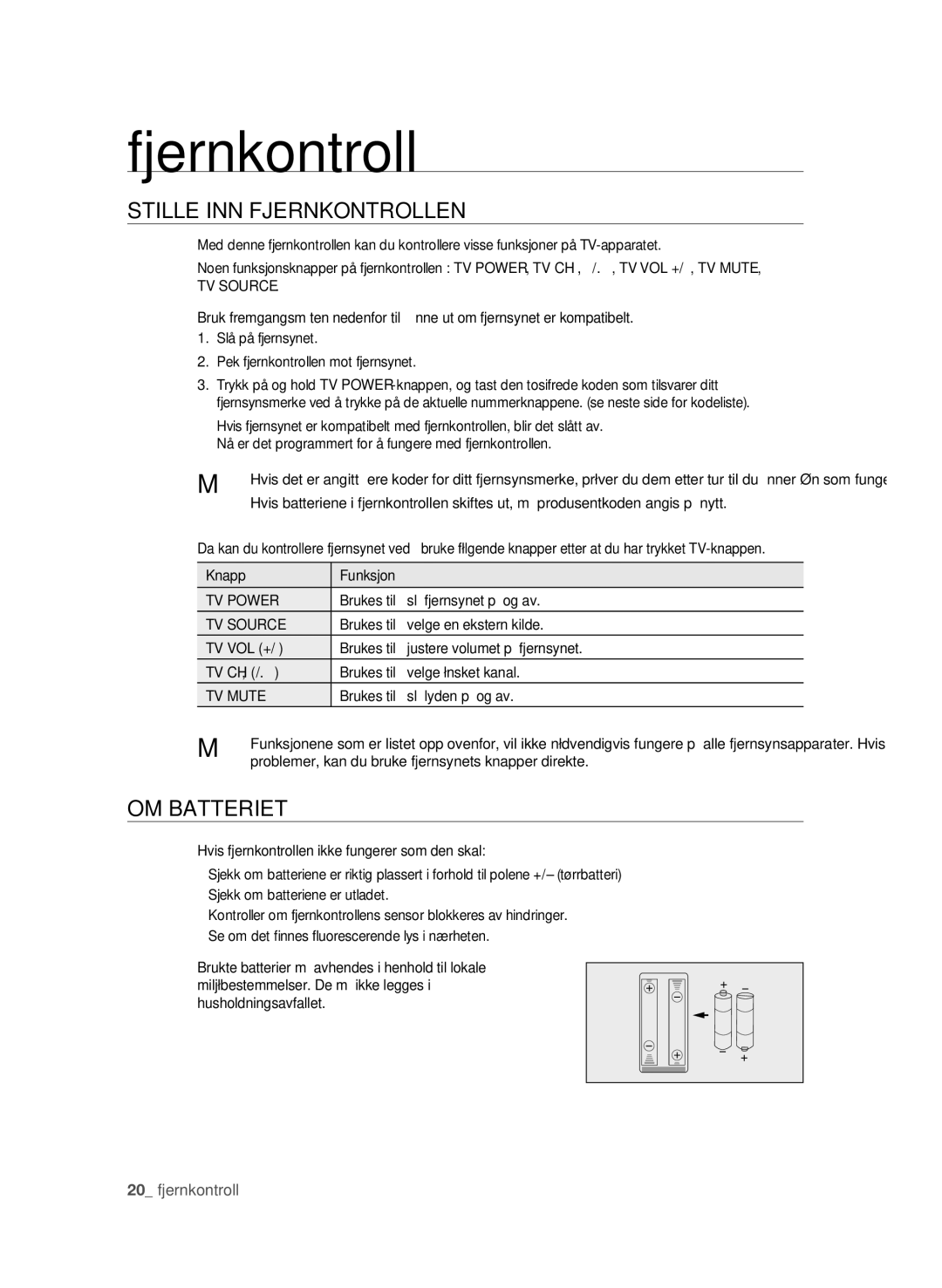 Samsung BD-P1600/XEE manual Stille INN FjERNKONTROLLEN, OM Batteriet, TV Source, TV Power, TV Mute 