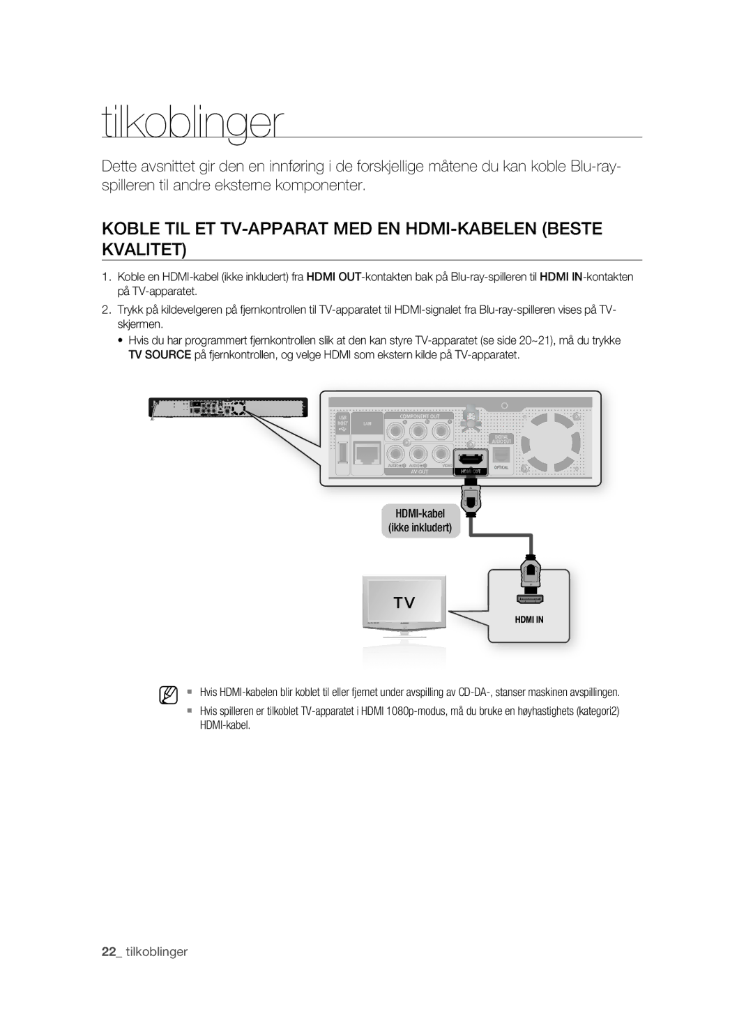 Samsung BD-P1600/XEE manual Tilkoblinger, Koble TIL ET TV-APPARAT MED EN HDMI-KABELEN Beste Kvalitet 