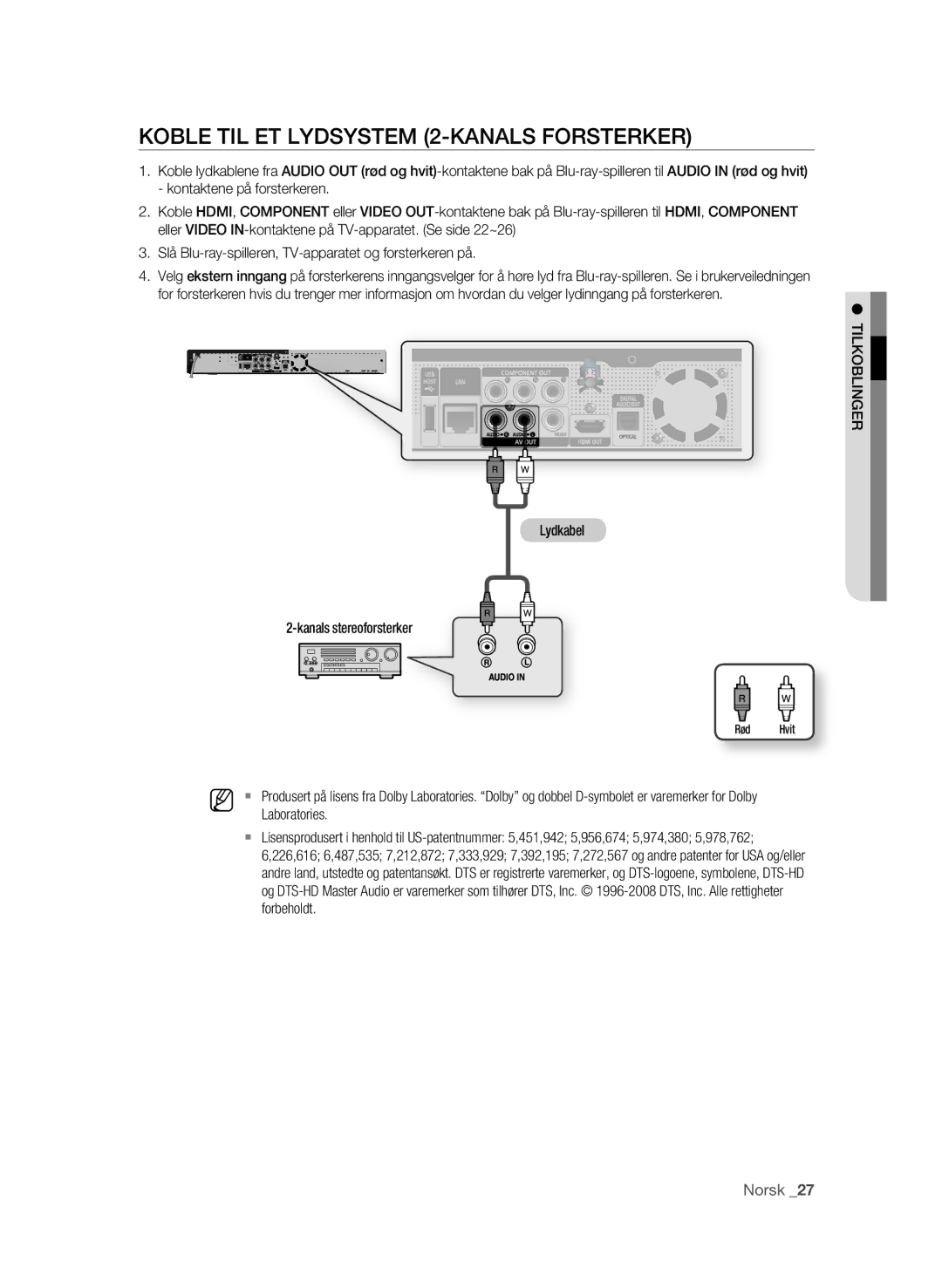 Samsung BD-P1600/XEE manual Koble TIL ET Lydsystem 2-KANALS Forsterker, Lydkabel Kanals stereoforsterker, Laboratories 