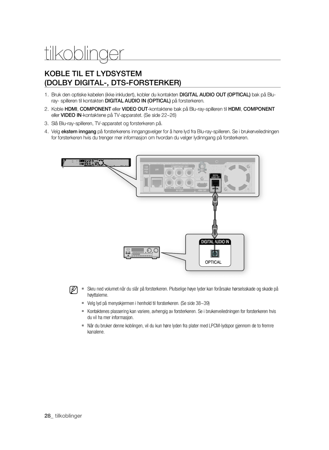 Samsung BD-P1600/XEE manual Koble TIL ET Lydsystem Dolby DIGITAL-, DTS-FORSTERKER, Høyttalerne, Du vil ha mer informasjon 