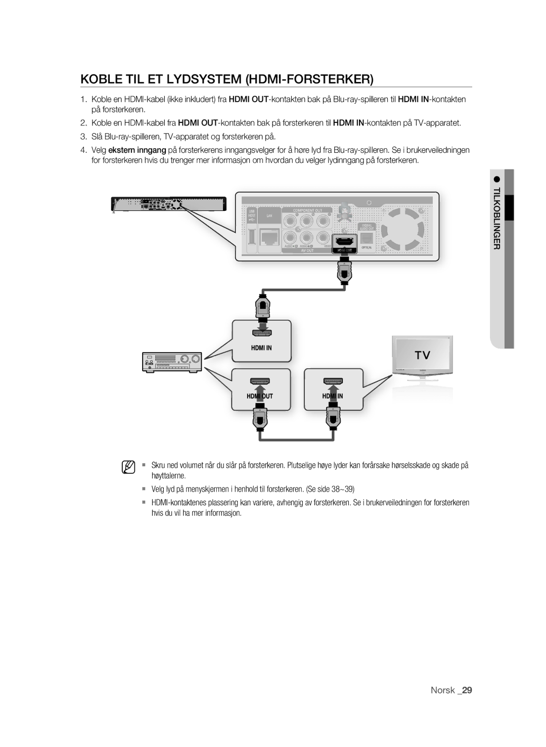 Samsung BD-P1600/XEE manual Koble TIL ET Lydsystem HDMI-FORSTERKER, Hvis du vil ha mer informasjon 