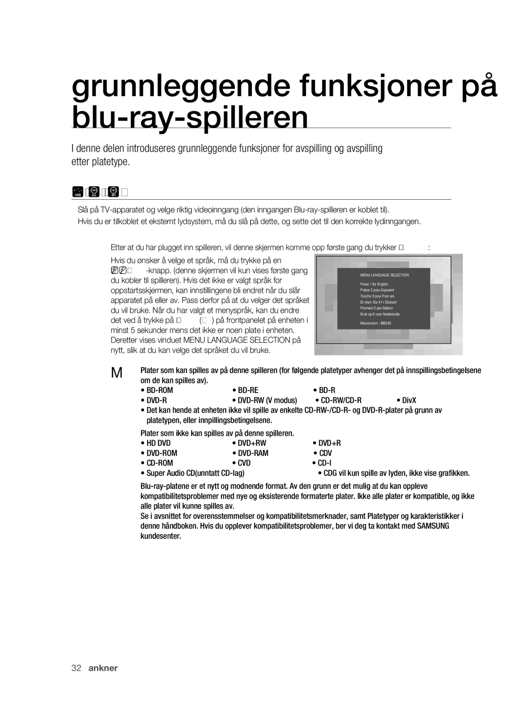 Samsung BD-P1600/XEE manual Grunnleggende funksjoner på blu-ray-spilleren, FØR DU Spiller AV 