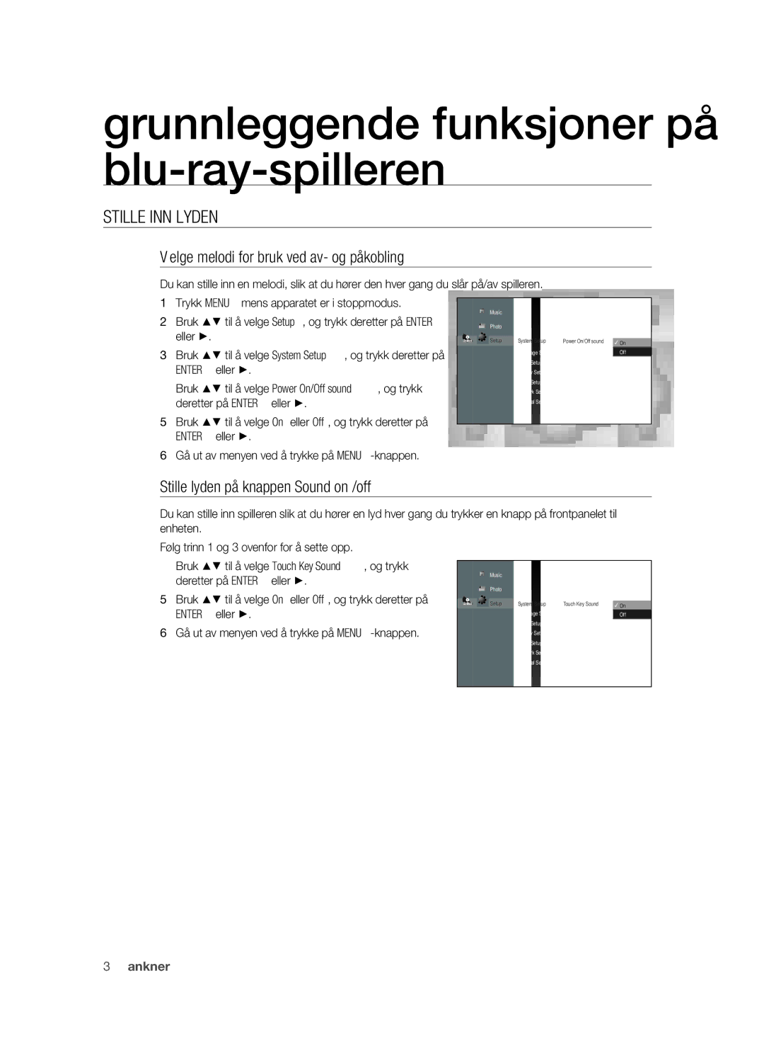 Samsung BD-P1600/XEE Stille INN Lyden, Velge melodi for bruk ved av- og påkobling, Stille lyden på knappen Sound on /off 