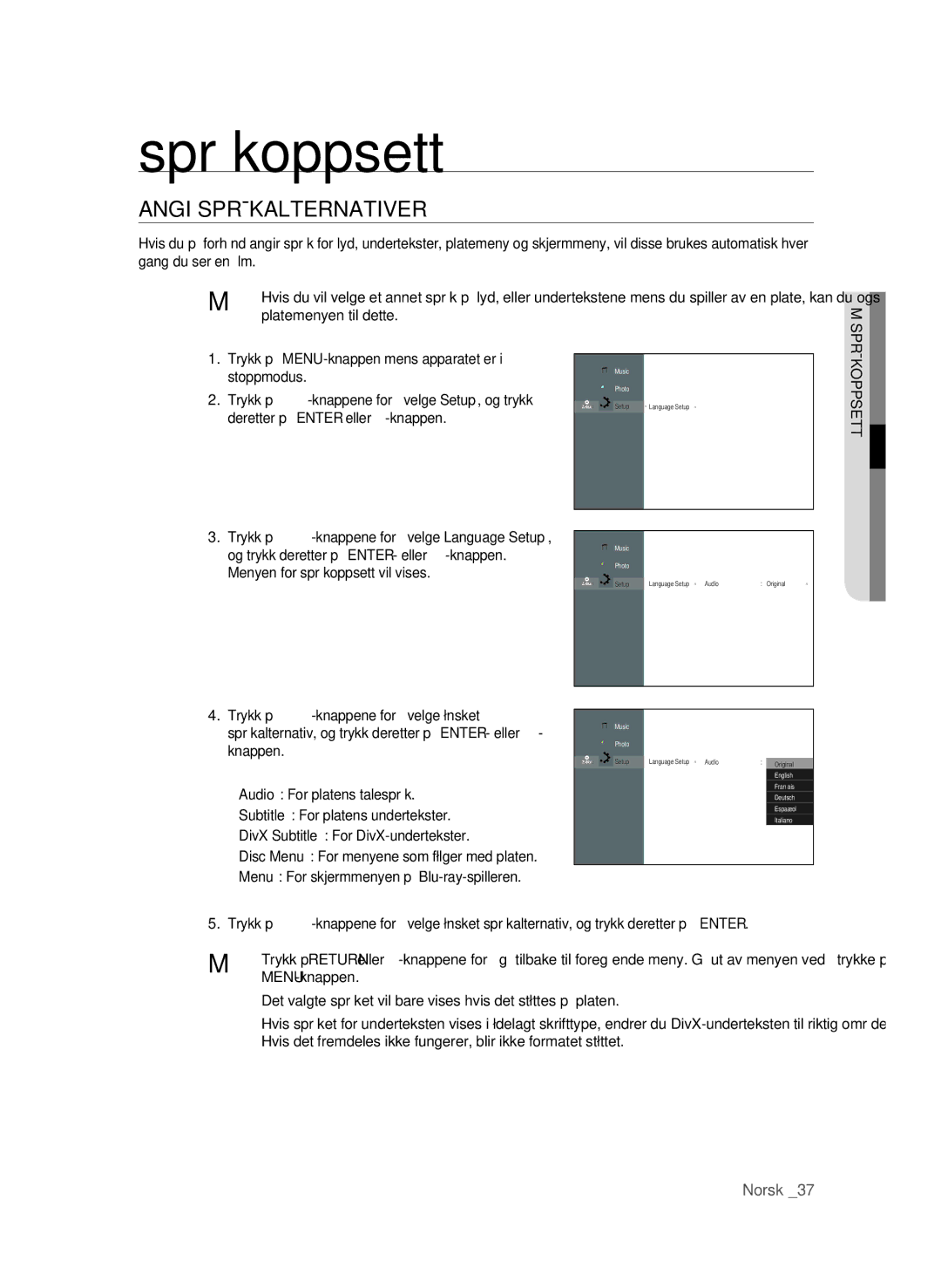 Samsung BD-P1600/XEE manual Språkoppsett, Angi Språkalternativer 