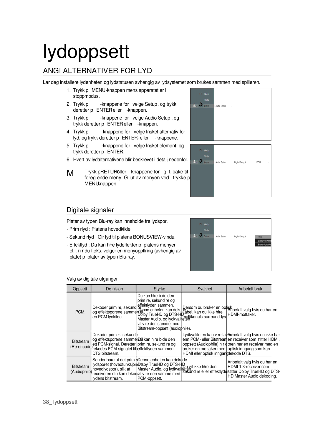 Samsung BD-P1600/XEE manual Lydoppsett, Angi Alternativer for LYD, Digitale signaler, Valg av digitale utganger 