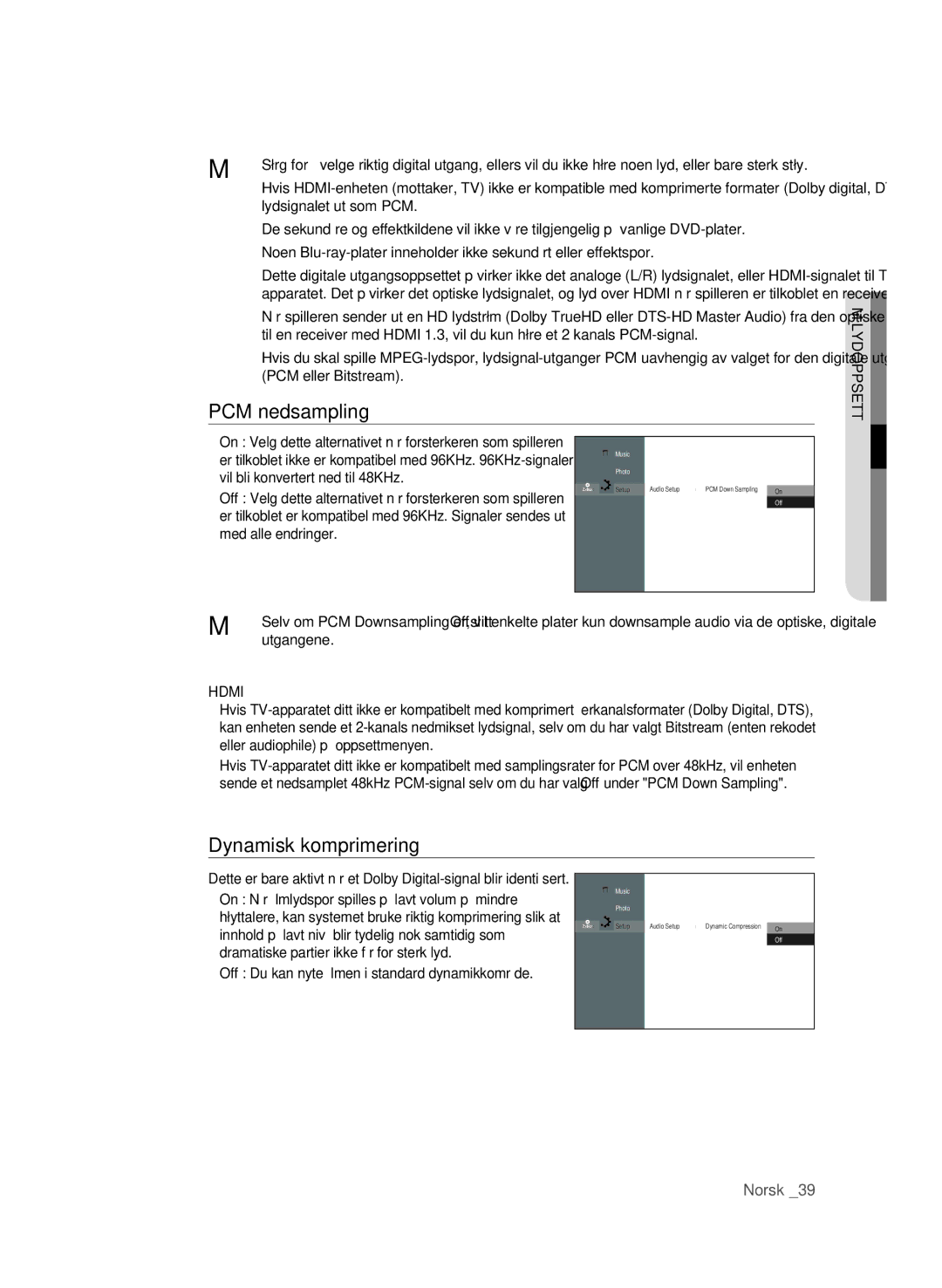 Samsung BD-P1600/XEE manual PCM nedsampling, Dynamisk komprimering 