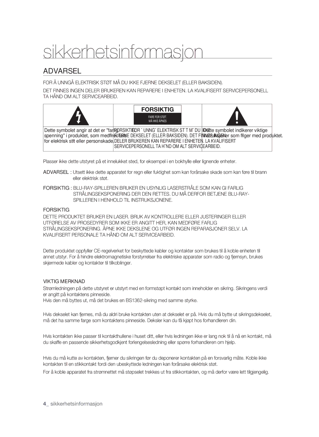 Samsung BD-P1600/XEE manual Sikkerhetsinformasjon, Forsiktig, Viktig Merknad, Dette symbolet indikerer viktige 