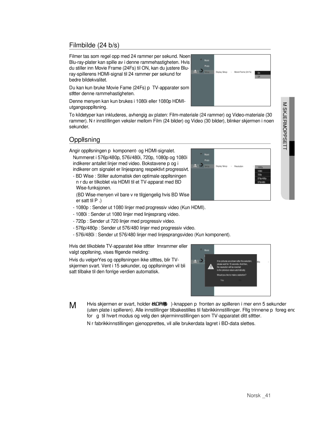 Samsung BD-P1600/XEE manual Filmbilde 24 b/s, Oppløsning 