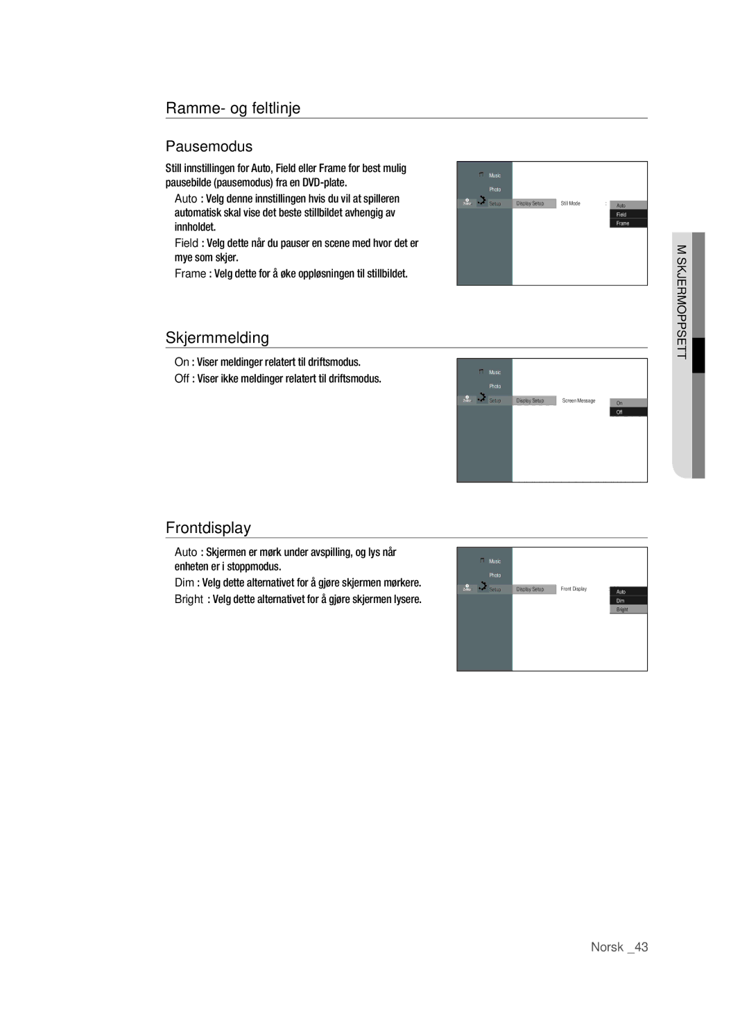 Samsung BD-P1600/XEE manual Ramme- og feltlinje Pausemodus, Skjermmelding, Frontdisplay 