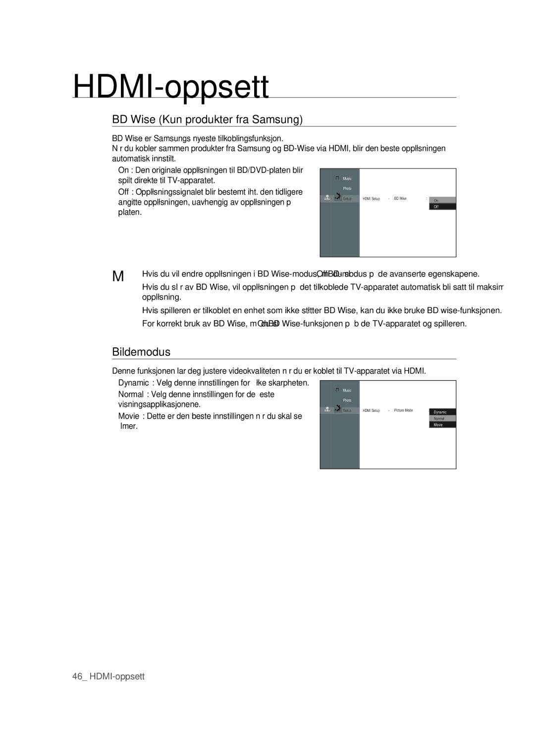 Samsung BD-P1600/XEE manual BD Wise Kun produkter fra Samsung, Bildemodus, Normal Velg denne innstillingen for de fl este 