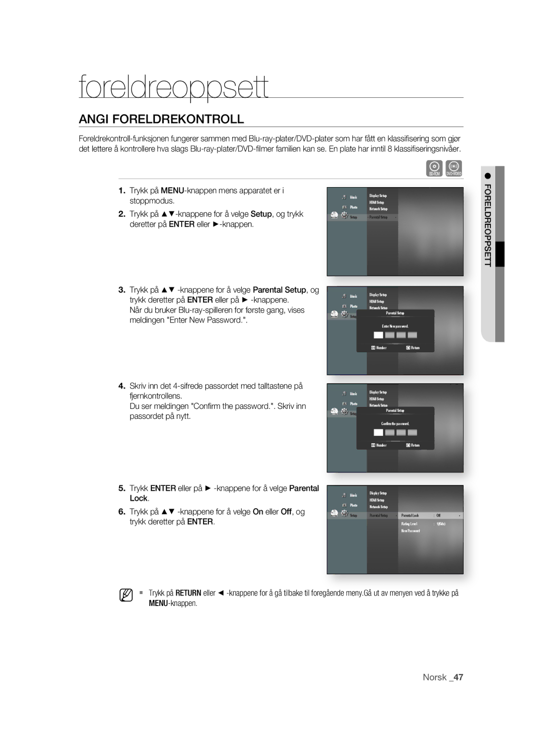 Samsung BD-P1600/XEE manual Foreldreoppsett, Angi Foreldrekontroll, Trykk på MENU-knappen mens apparatet er 