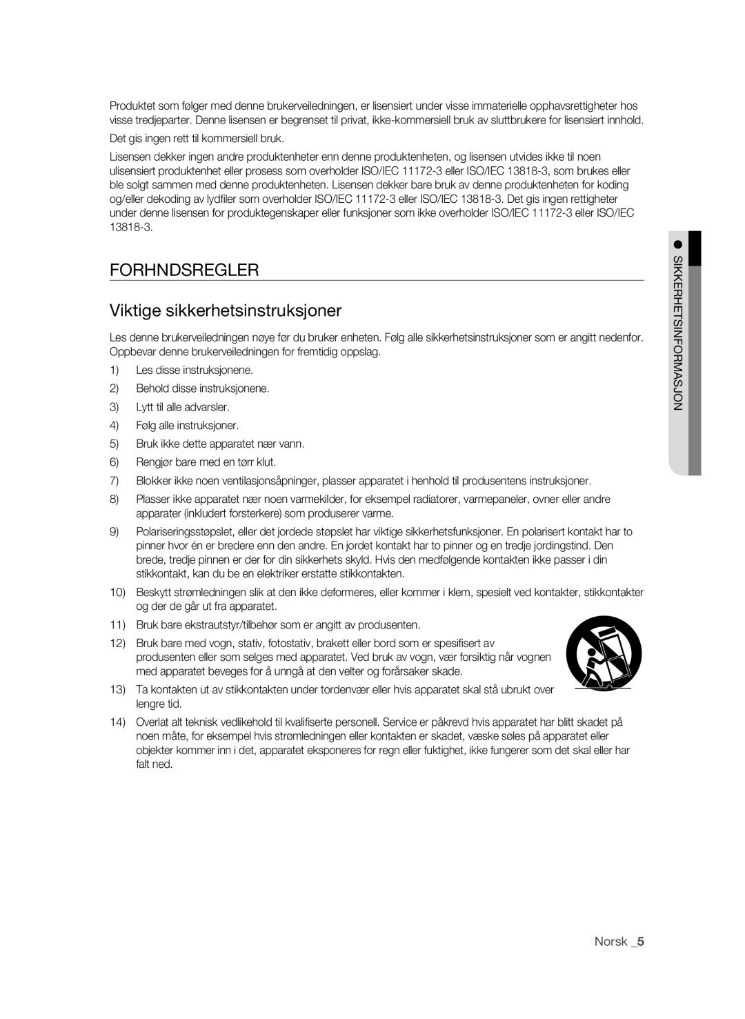 Samsung BD-P1600/XEE manual Forhåndsregler, Viktige sikkerhetsinstruksjoner 