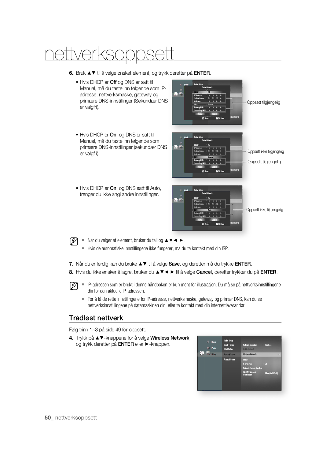 Samsung BD-P1600/XEE manual Trådløst nettverk, Oppsett tilgjengelig 