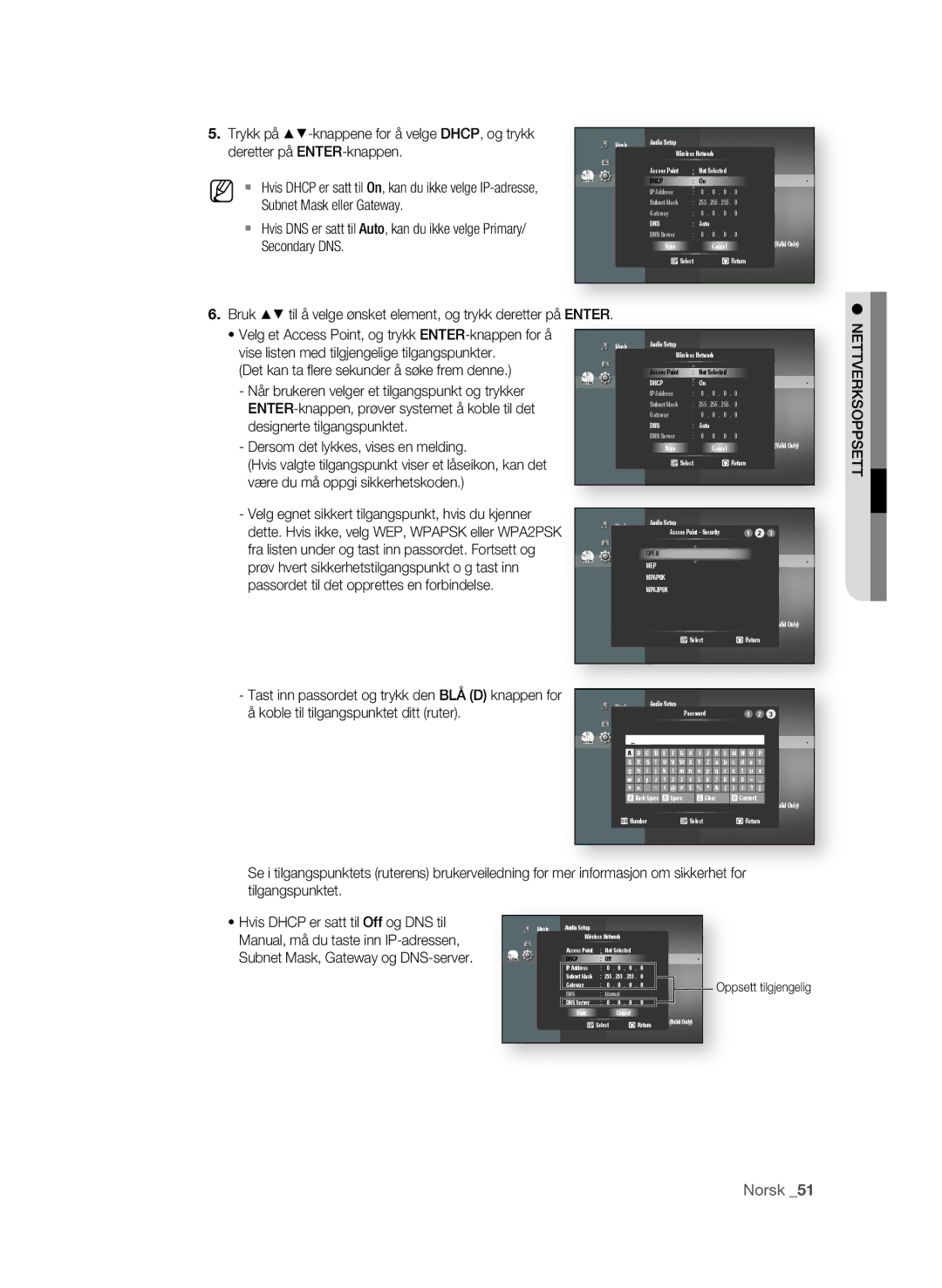 Samsung BD-P1600/XEE manual . Trykk på $%-knappene for å velge DHCP, og trykk, Deretter på ENTER-knappen, Secondary DNS 