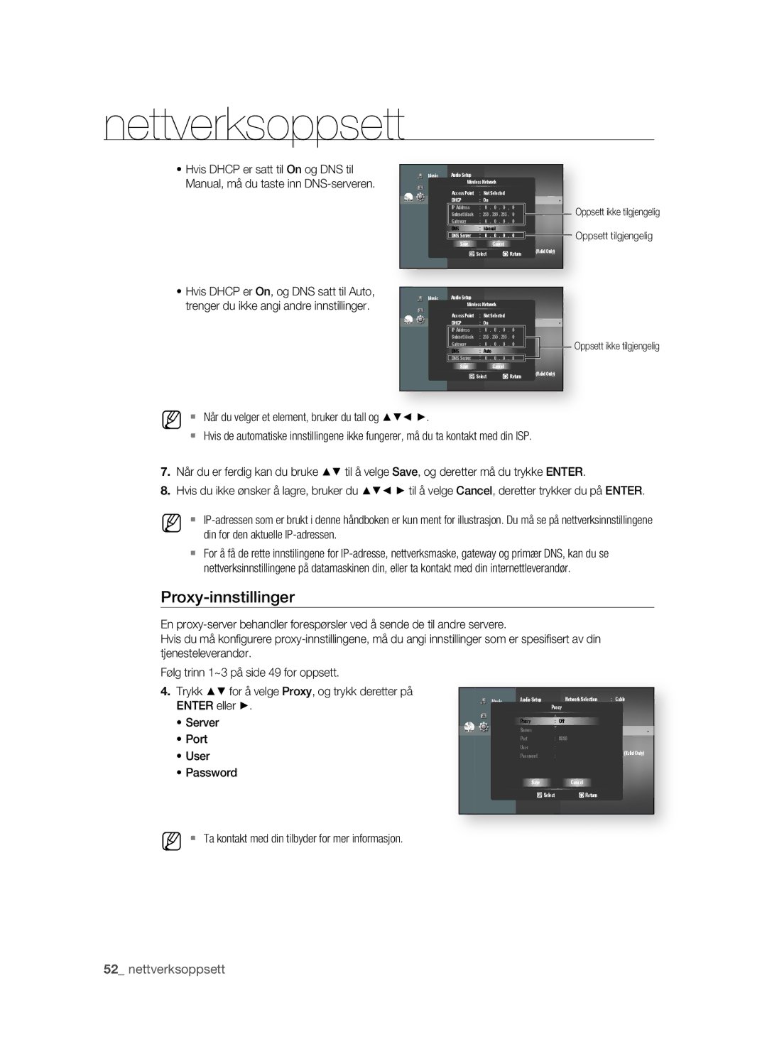 Samsung BD-P1600/XEE manual Proxy-innstillinger, . Trykk $% for å velge Proxy, og trykk deretter på, Server, Port, User 