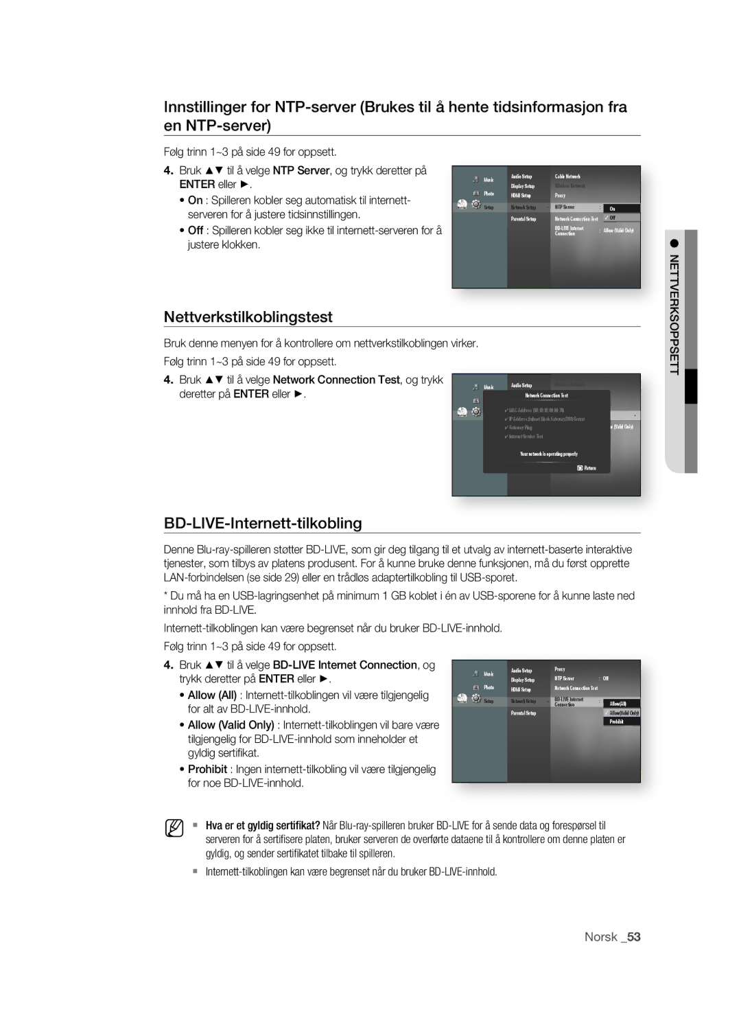 Samsung BD-P1600/XEE manual Nettverkstilkoblingstest, BD-LIVE-Internett-tilkobling 