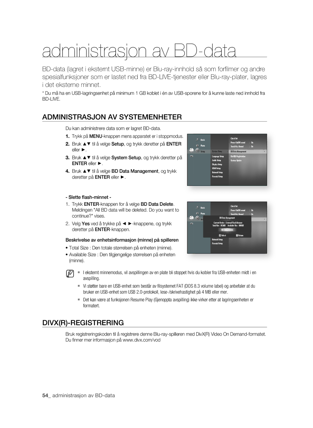 Samsung BD-P1600/XEE manual Administrasjon av BD-data, ADMINISTRASjON AV Systemenheter, Divxr-Registrering, Continue? vises 